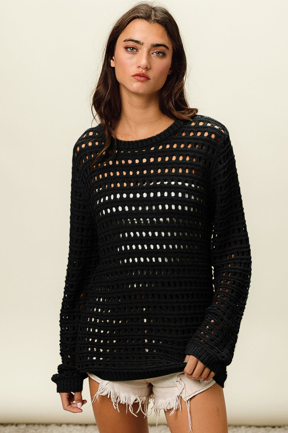 BiBi Round Neck Openwork Knit Cover Up-TOPS / DRESSES-[Adult]-[Female]-2022 Online Blue Zone Planet