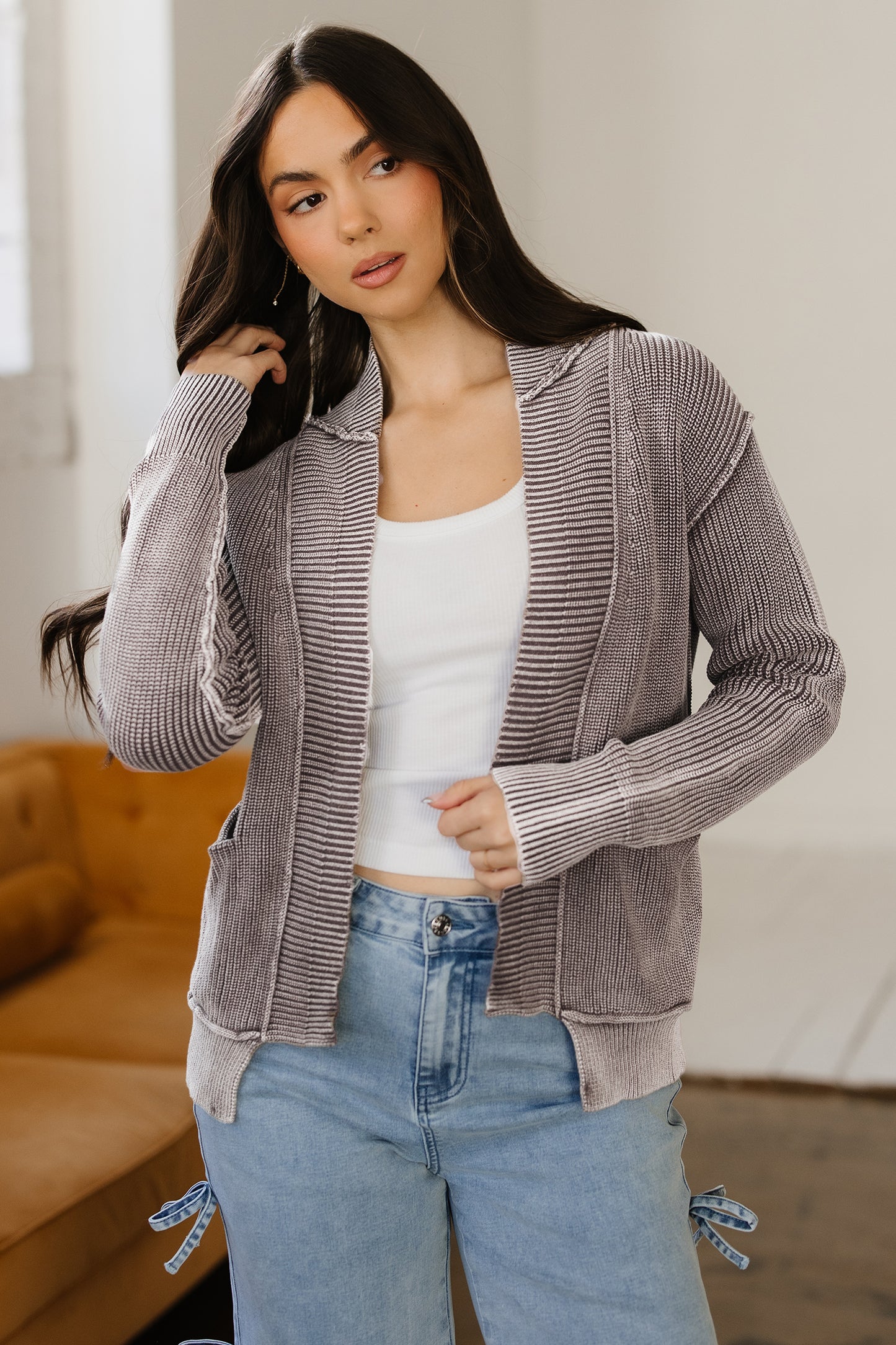 Dark Brown Mineral Wash Exposed Seam Patchwork Knit Open Sweater Cardigan-TOPS / DRESSES-[Adult]-[Female]-2022 Online Blue Zone Planet