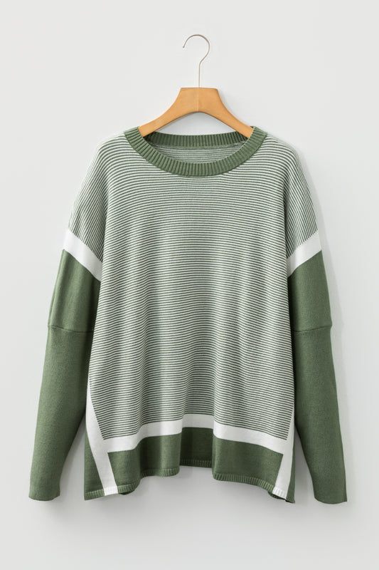 Green Stripe Color Block Patchwork Dolman Oversize Tunic Sweater