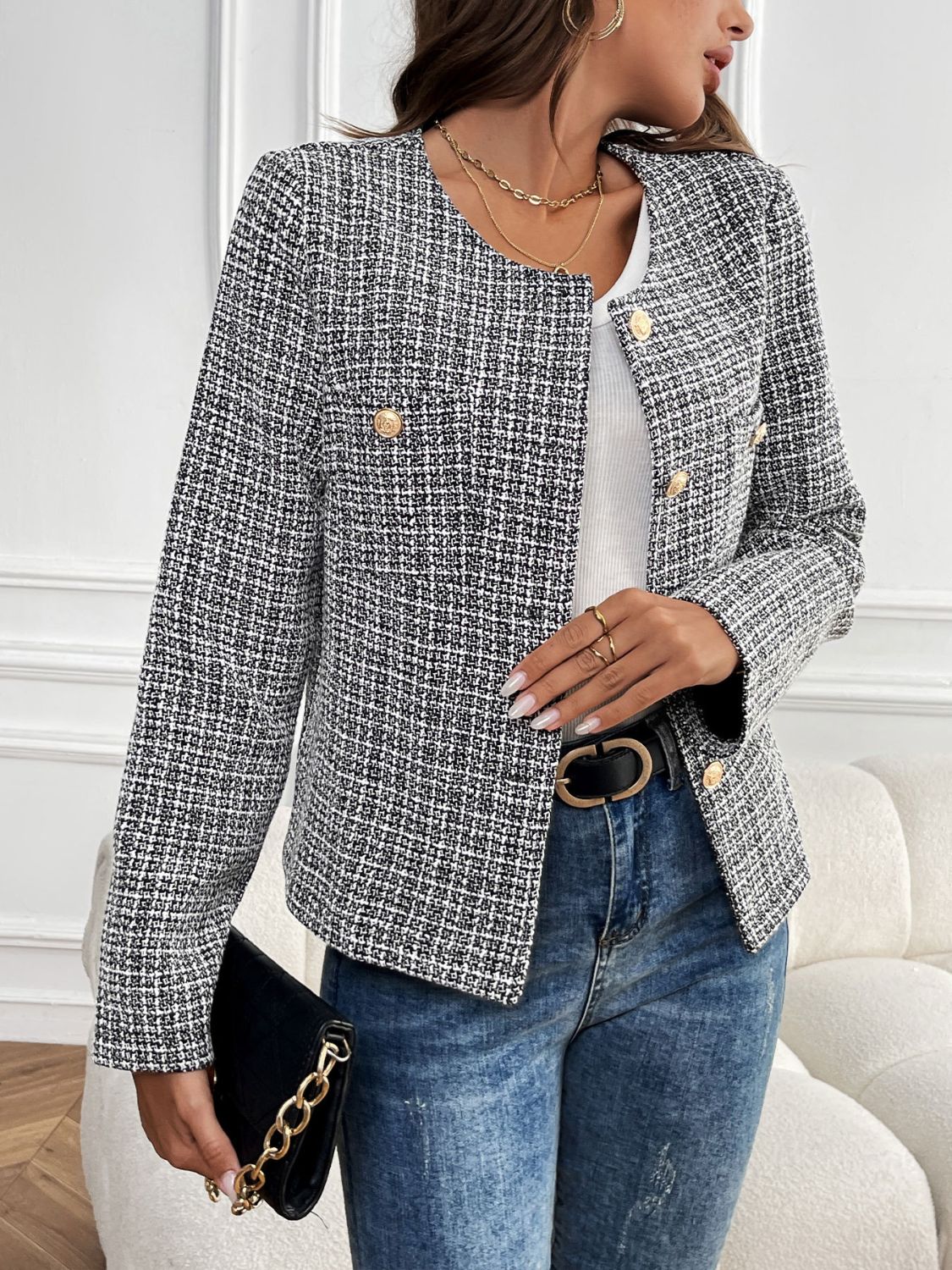 Perfee Plaid Long Sleeve Outerwear-TOPS / DRESSES-[Adult]-[Female]-2022 Online Blue Zone Planet