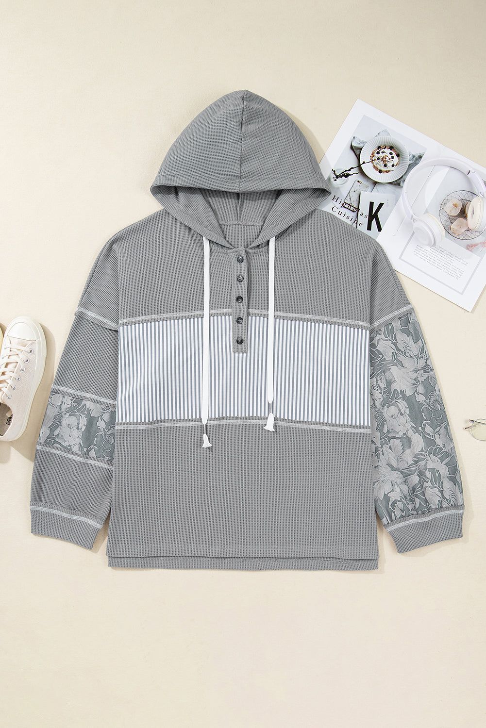 Gray Mixed Pattern Waffle Knit Patchwork Half Buttons Plus Hooded Top-Tops / Dresses-[Adult]-[Female]-2022 Online Blue Zone Planet
