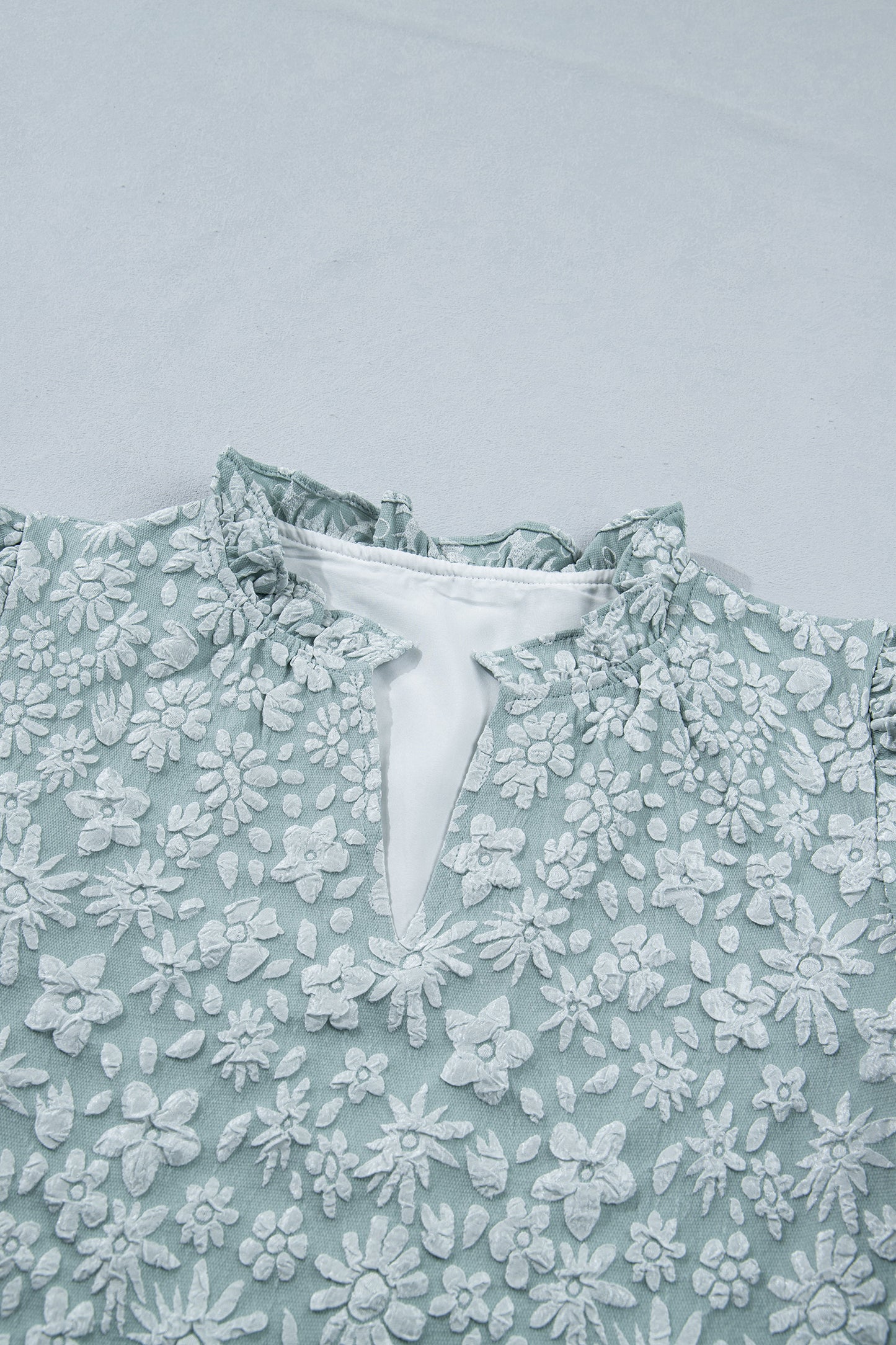 Iceland Blue Floral Textured Jacquard Puff Sleeve Blouse-Tops/Blouses & Shirts-[Adult]-[Female]-2022 Online Blue Zone Planet