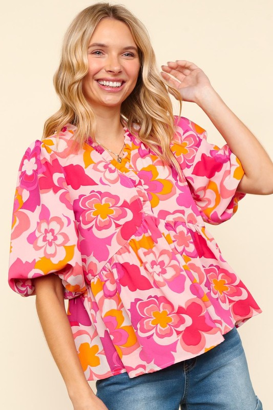 Haptics Full Size Frill Floral Puff Sleeve Blouse-TOPS / DRESSES-[Adult]-[Female]-2022 Online Blue Zone Planet