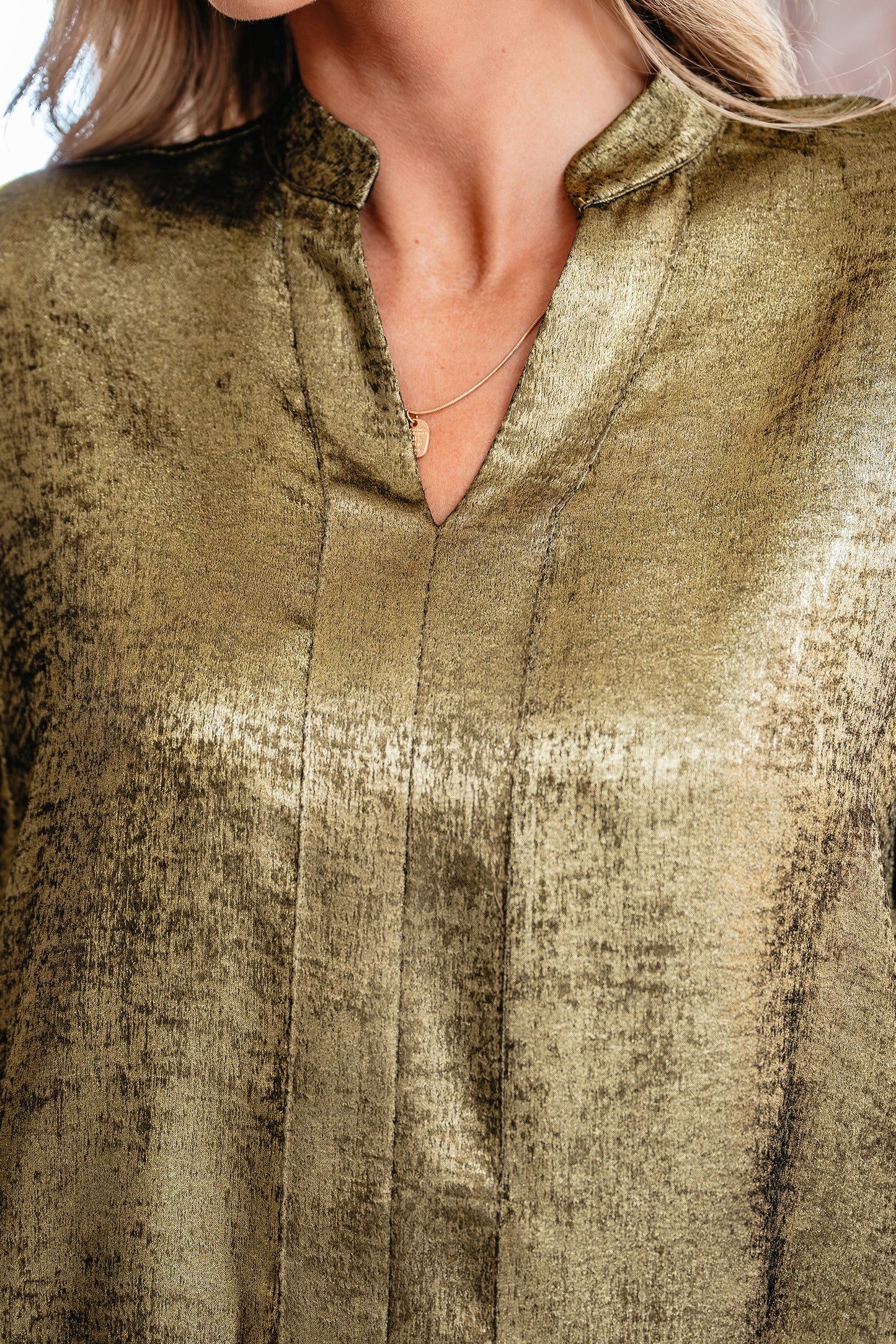 Gold Metallic Split Neck Half Sleeve Blouse-Tops/Blouses & Shirts-[Adult]-[Female]-2022 Online Blue Zone Planet
