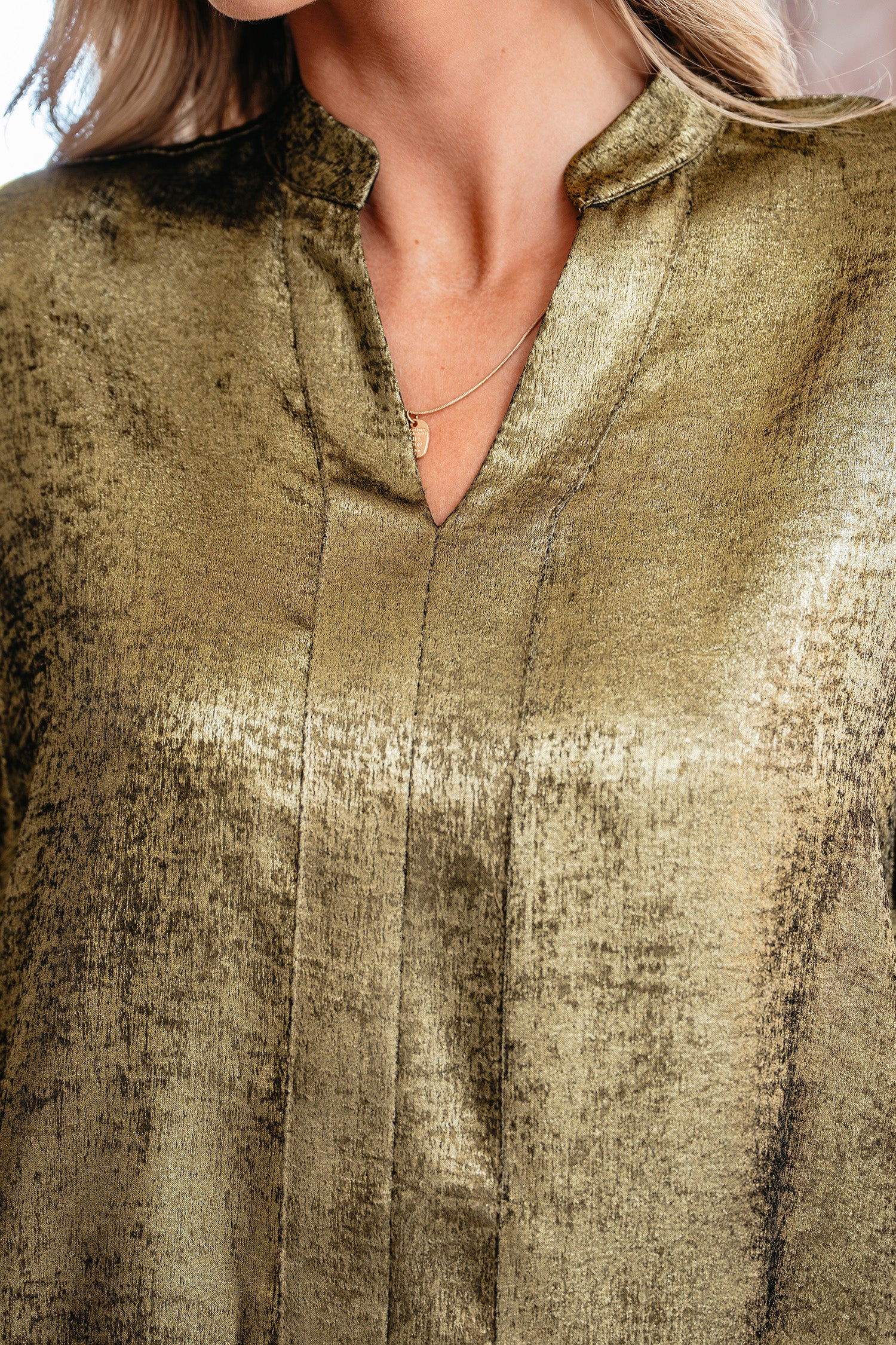 Gold Metallic Split Neck Half Sleeve Blouse-Tops/Blouses & Shirts-[Adult]-[Female]-2022 Online Blue Zone Planet