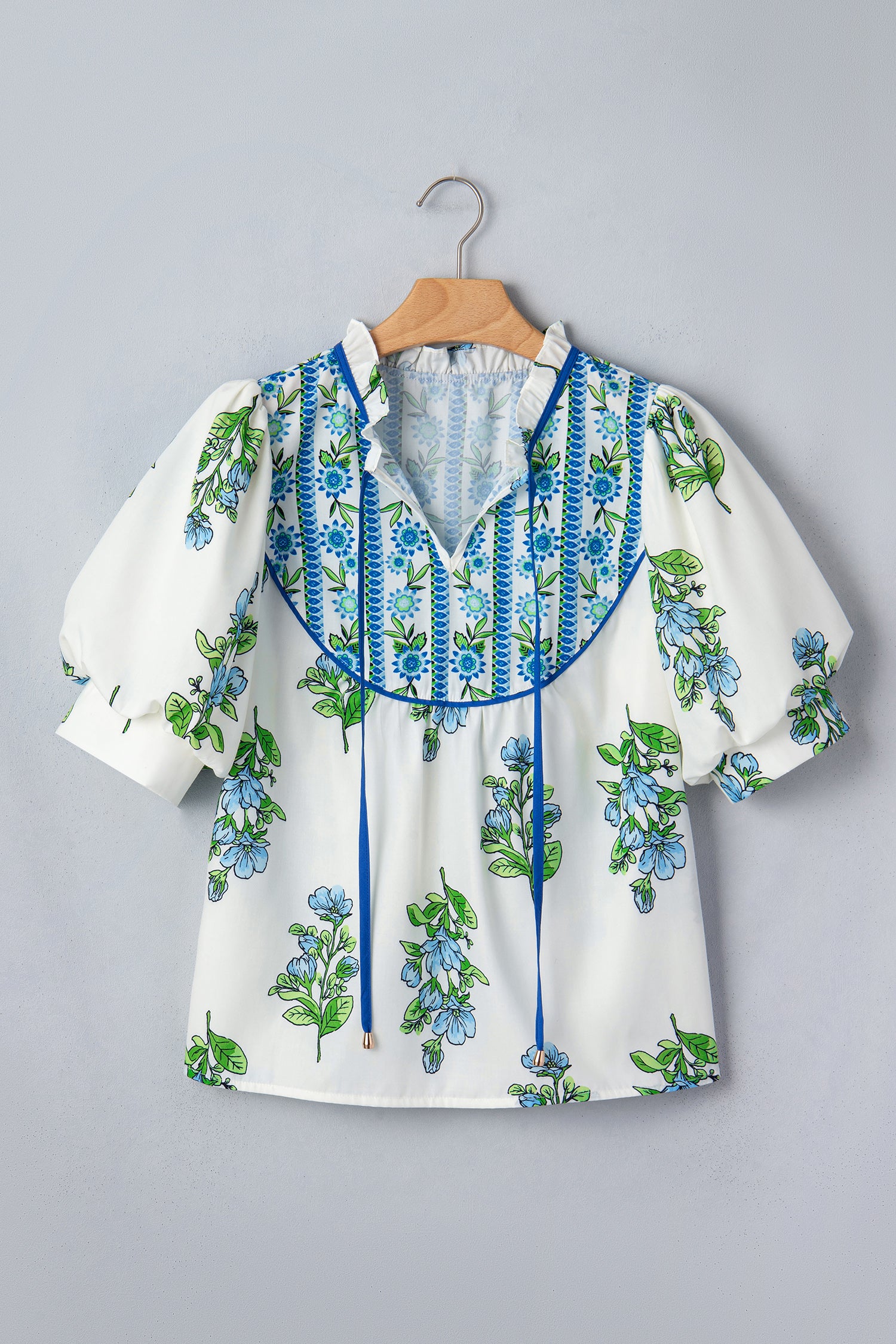 White Floral Print Contrast Trim Tie Neck Blouse-Tops/Blouses & Shirts-[Adult]-[Female]-2022 Online Blue Zone Planet
