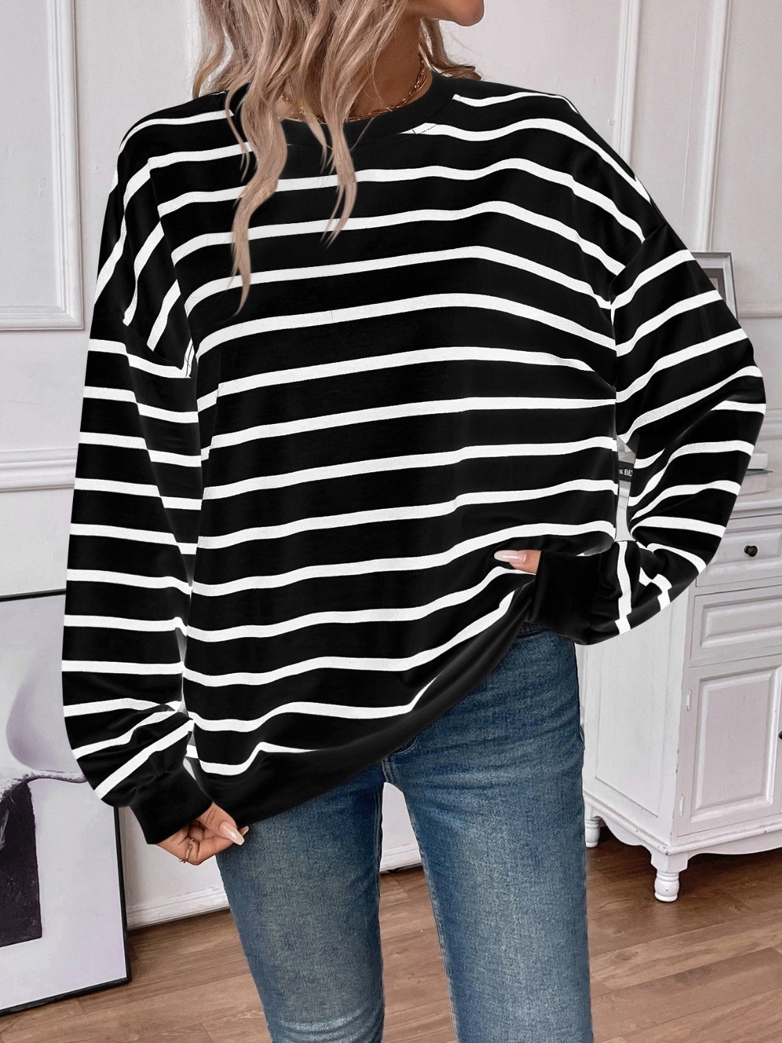 Blue Zone Planet | Lovelet Striped Round Neck Long Sleeve Sweatshirt-TOPS / DRESSES-[Adult]-[Female]-2022 Online Blue Zone Planet