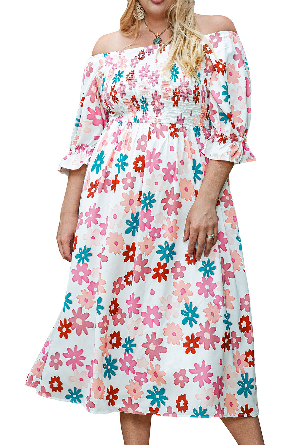 White Plus Size Flower Print Smocked Off Shoulder Dress-TOPS / DRESSES-[Adult]-[Female]-2022 Online Blue Zone Planet