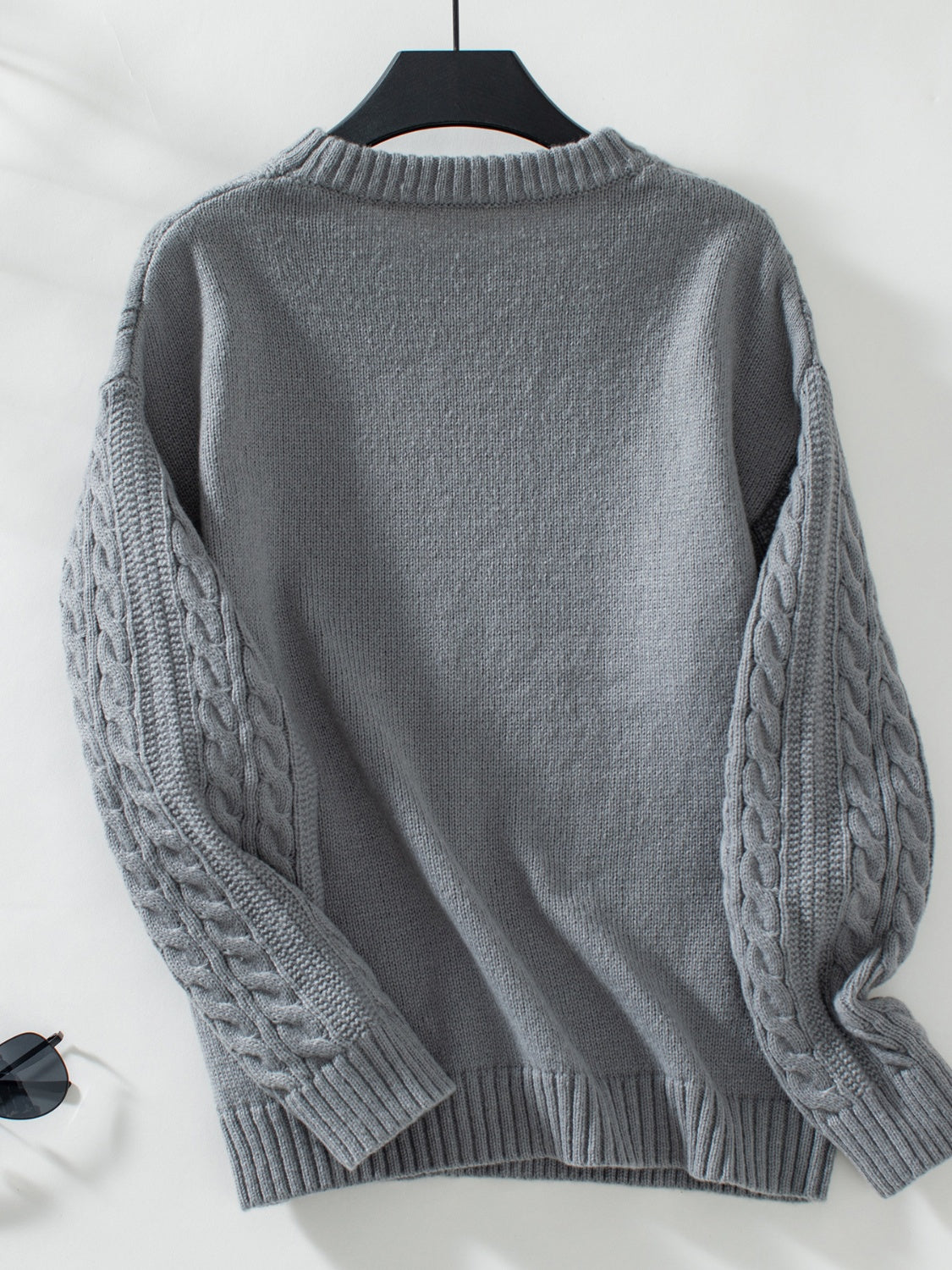 Cable-Knit Round Neck Long Sleeve Sweater-TOPS / DRESSES-[Adult]-[Female]-Dark Gray-S-2022 Online Blue Zone Planet