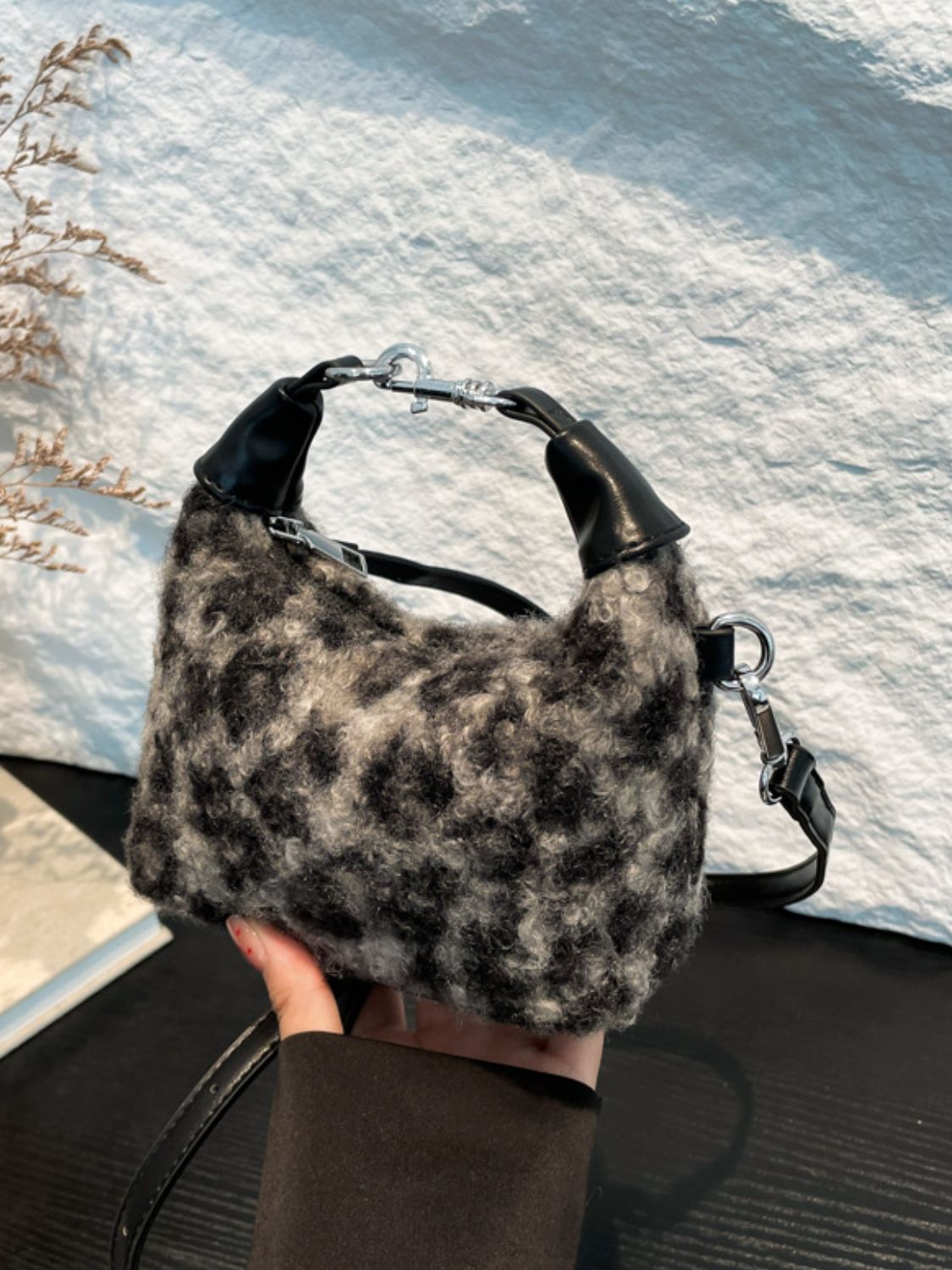 Blue Zone Planet | Fuzzy Polyester Mini Handbag with Zipper-Handbags-[Adult]-[Female]-Black-One Size-2022 Online Blue Zone Planet