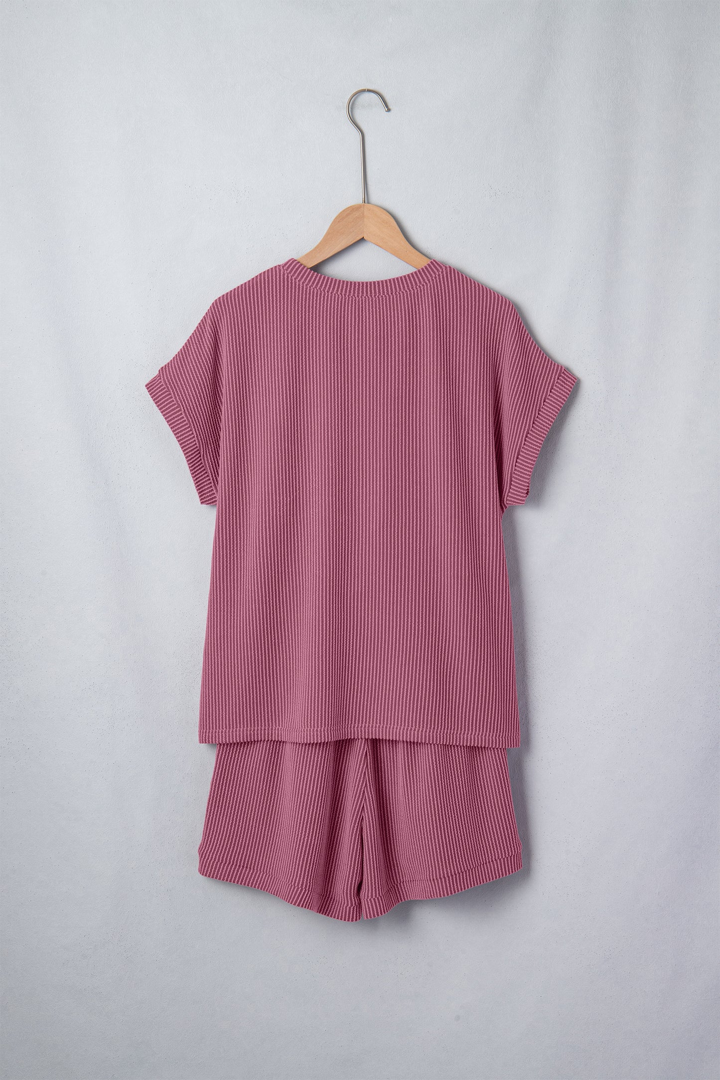 Pitaya Pink Twisted Ribbed Loose Tee Drawstring Elastic Waist 2pcs Short Set-Two Piece Sets/Short Sets-[Adult]-[Female]-2022 Online Blue Zone Planet