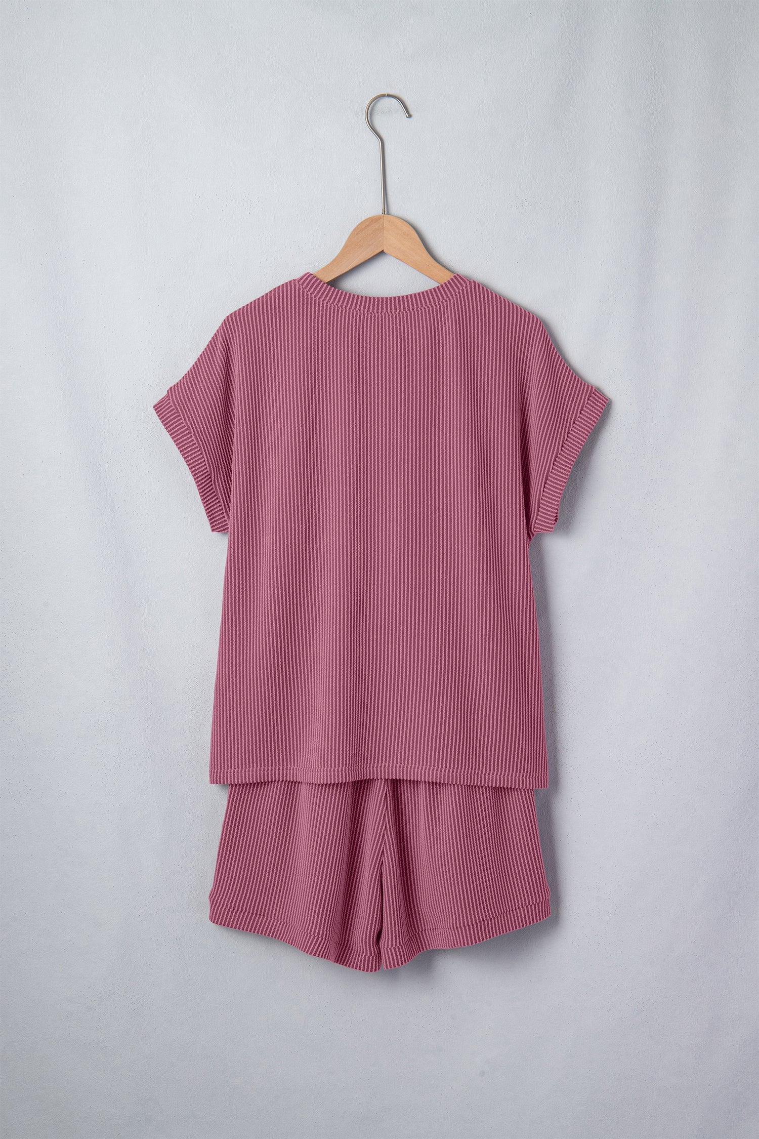 Pitaya Pink Twisted Ribbed Loose Tee Drawstring Elastic Waist 2pcs Short Set-Two Piece Sets/Short Sets-[Adult]-[Female]-2022 Online Blue Zone Planet