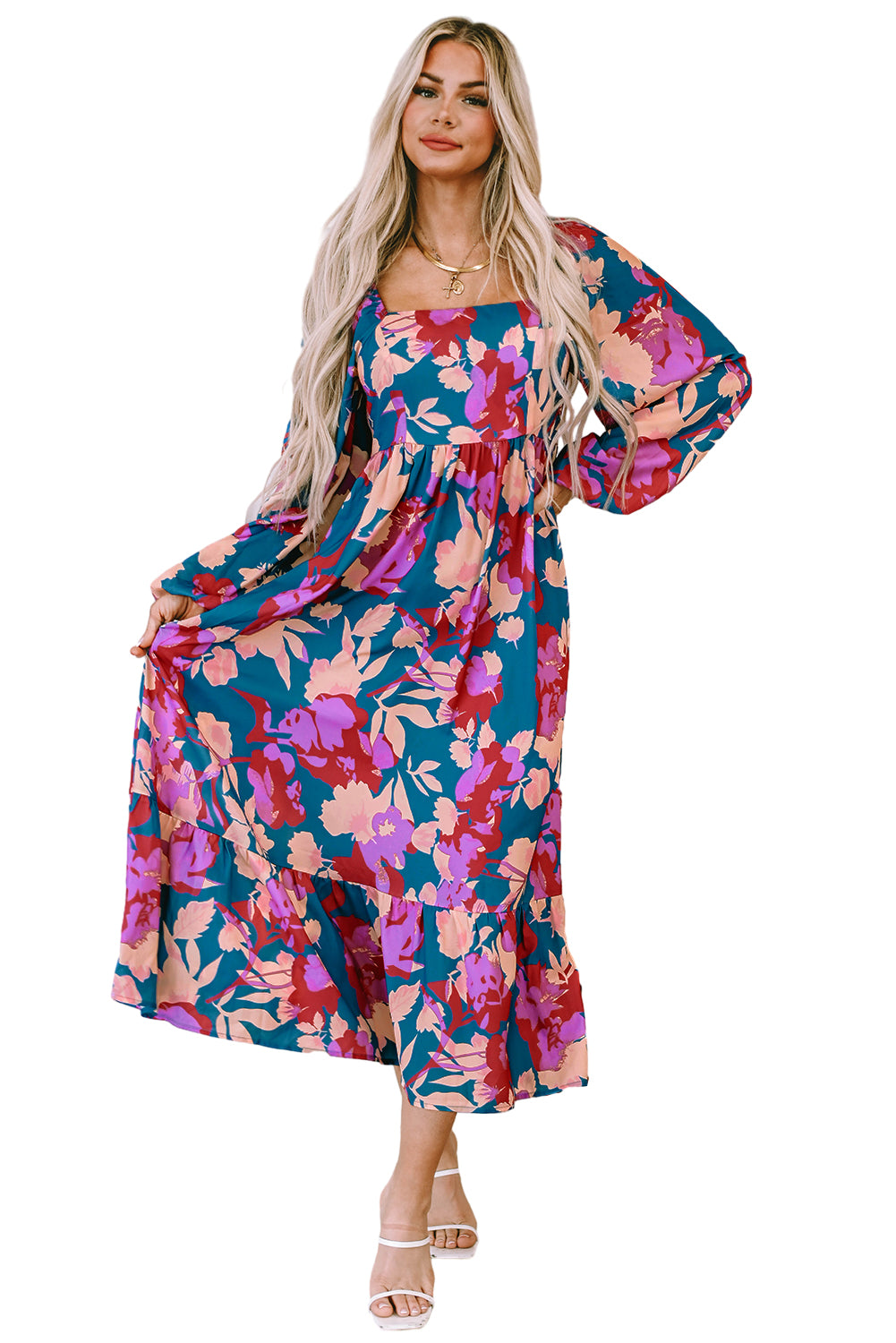 Multicolour Floral Print Square Neck Ruffled High Waist Dress-TOPS / DRESSES-[Adult]-[Female]-2022 Online Blue Zone Planet