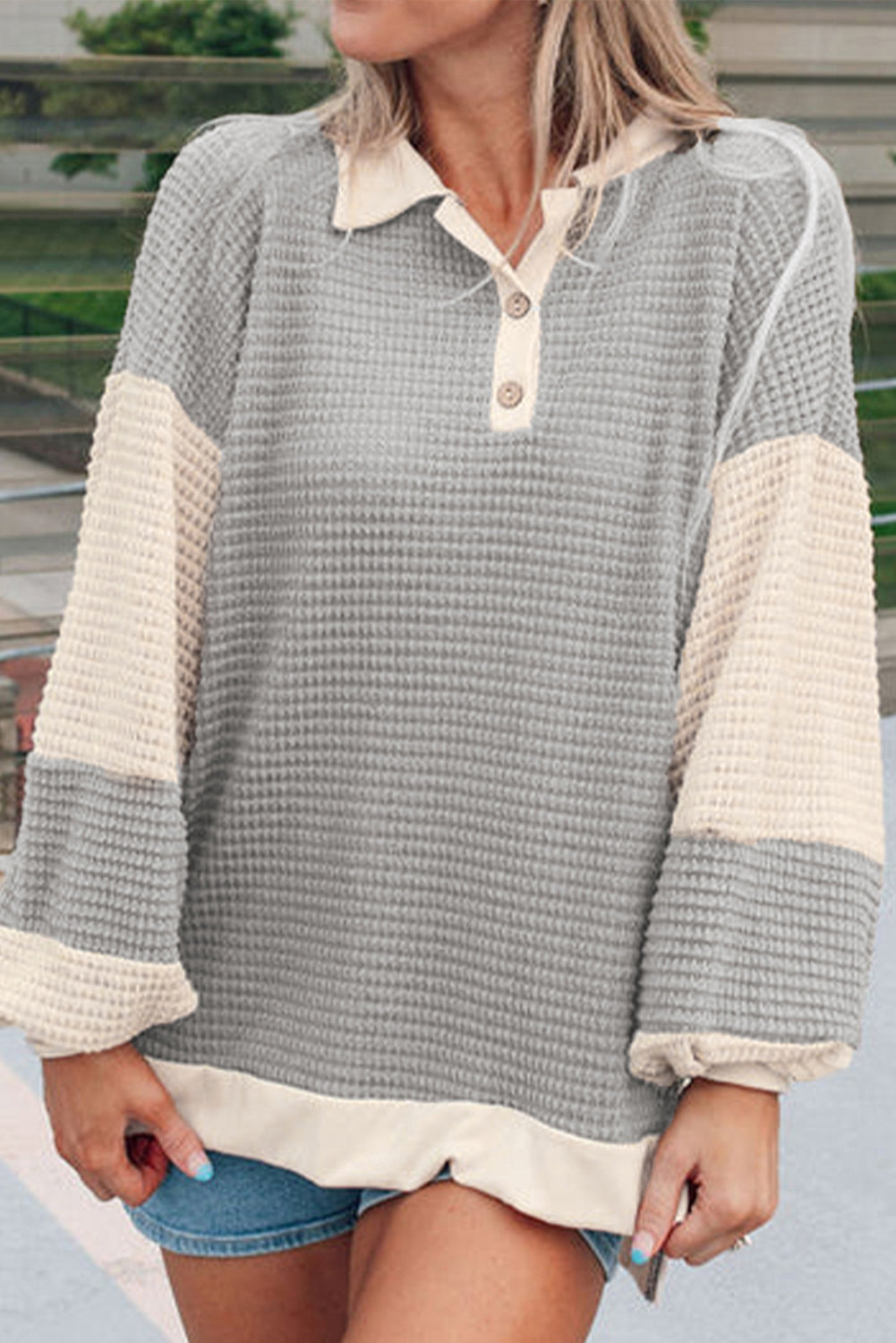 Khaki Textured Colorblock Collared Henley Top-Tops/Long Sleeve Tops-[Adult]-[Female]-Khaki-S-2022 Online Blue Zone Planet