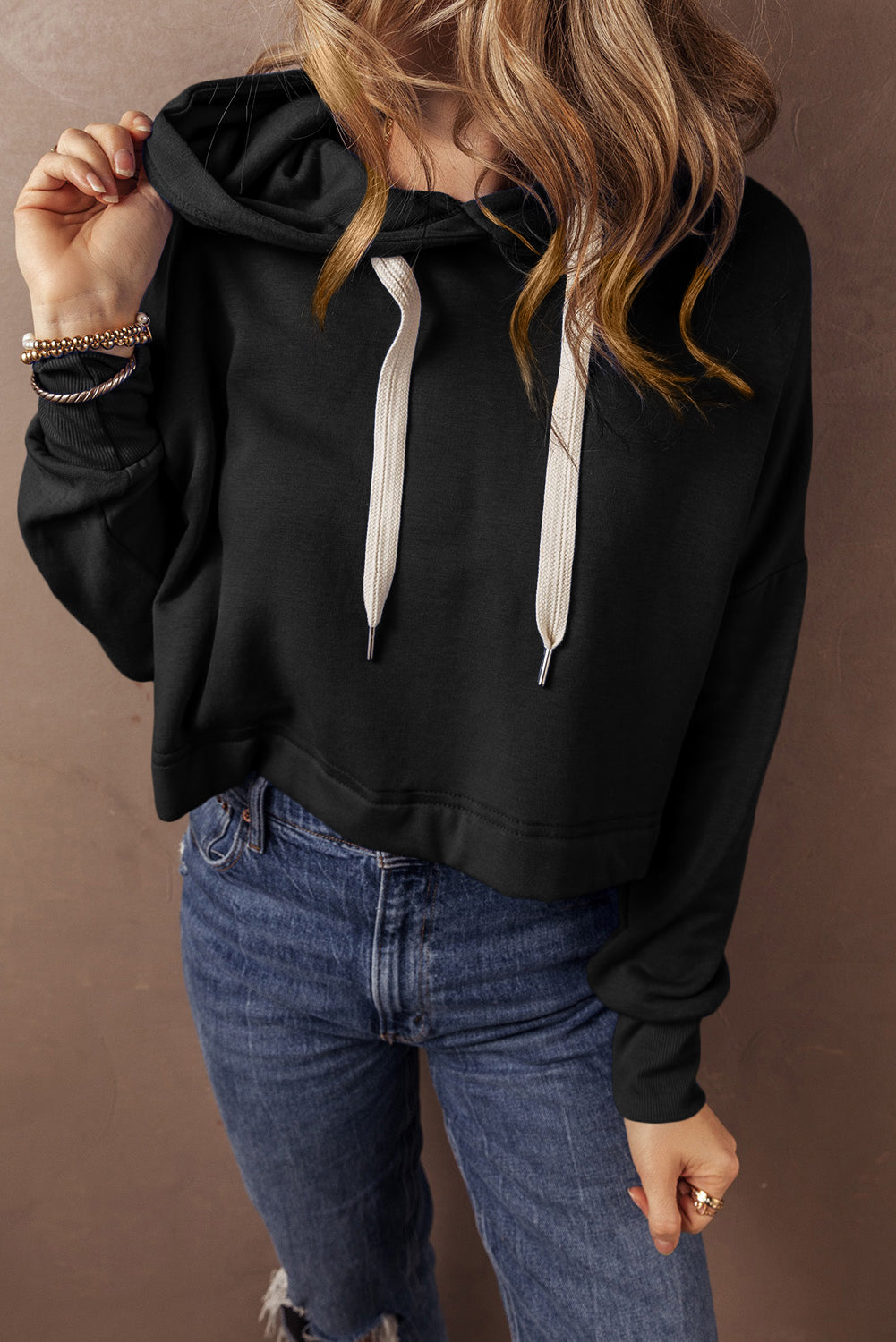 Black Solid Drop Shoulder Drawstring Cropped Hoodie-Tops/Sweatshirts & Hoodies-[Adult]-[Female]-2022 Online Blue Zone Planet