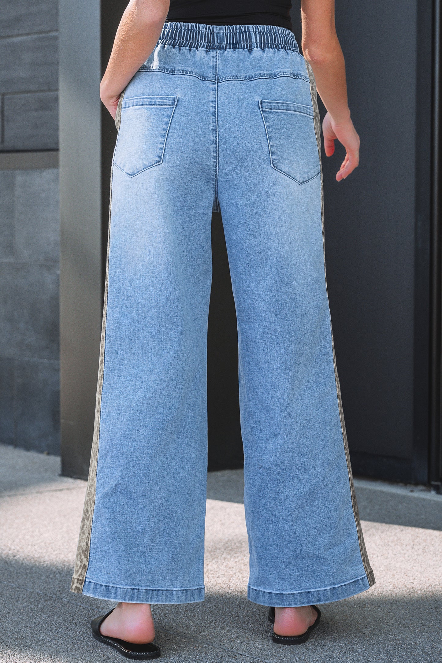 Beau Blue Drawstring Elastic Waist Leopard Striped Side Panel Wide Leg Jeans-Bottoms/Jeans-[Adult]-[Female]-2022 Online Blue Zone Planet
