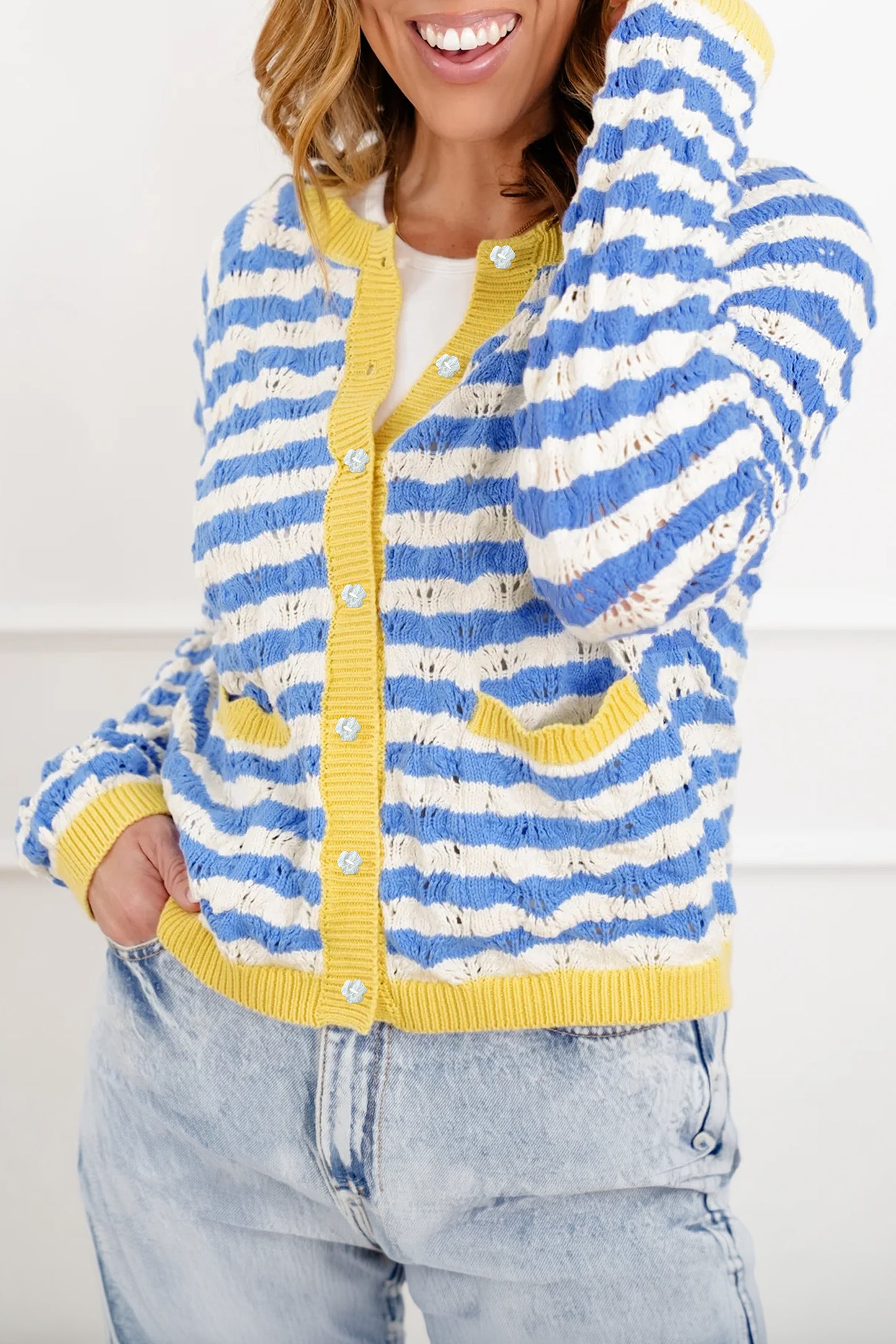 Sky Blue Stripe Striped Colorblock Button Front Long Sleeve Loose Fit Knit Cardigan
