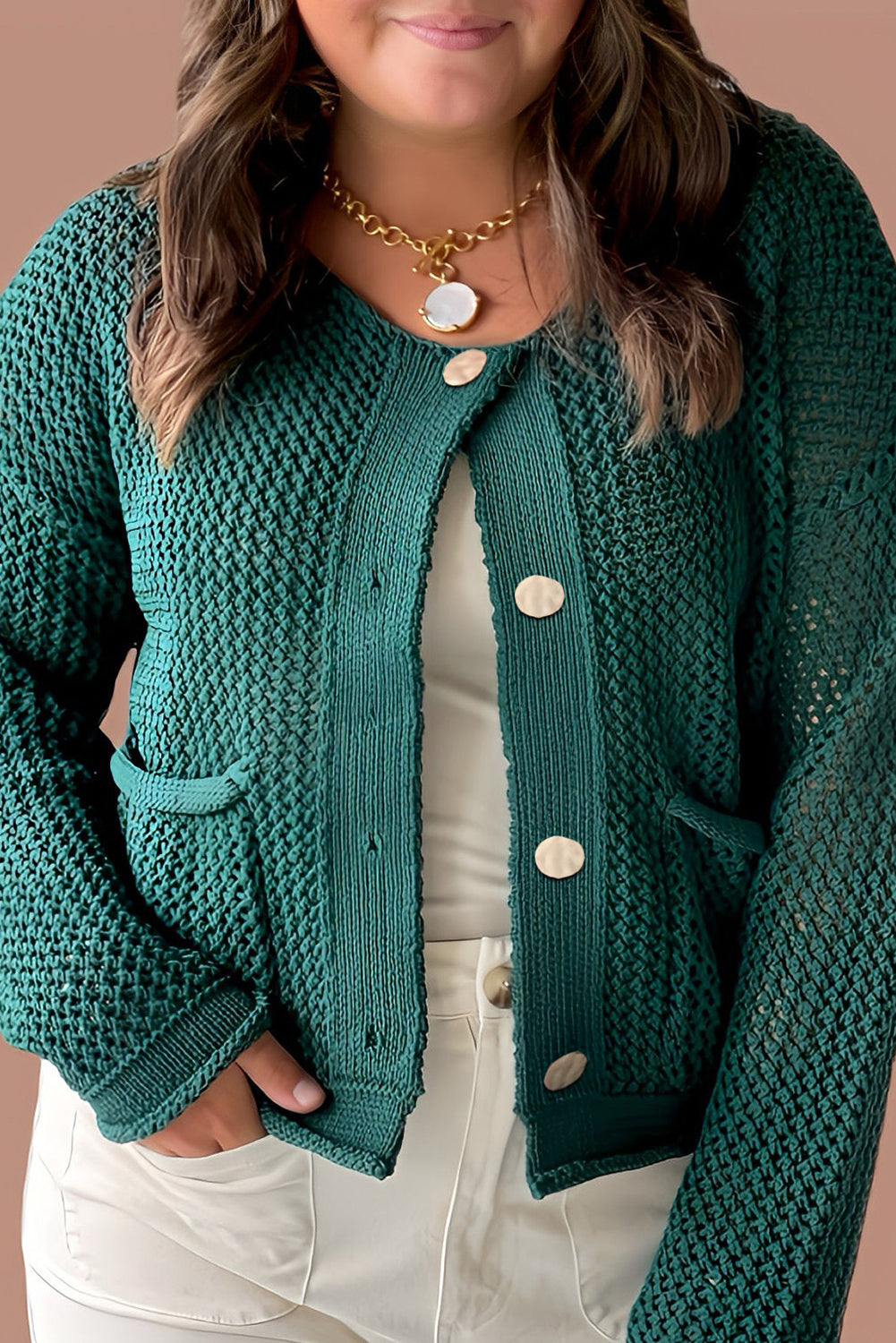 Blackish Green Plus Size Golden Accent Buttons Short Sweater Cardigan-Plus Size/Plus Size Sweaters & Cardigans-[Adult]-[Female]-Blackish Green-1X-2022 Online Blue Zone Planet