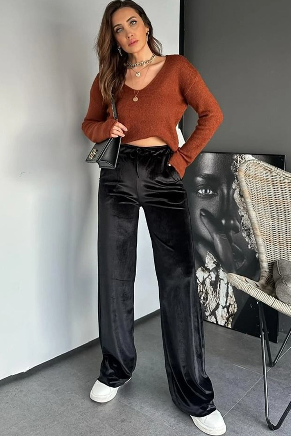 Black Shiny Velvet Drawstring High Waist Straight Leg Casual Pants-Bottoms/Pants & Culotte-[Adult]-[Female]-2022 Online Blue Zone Planet