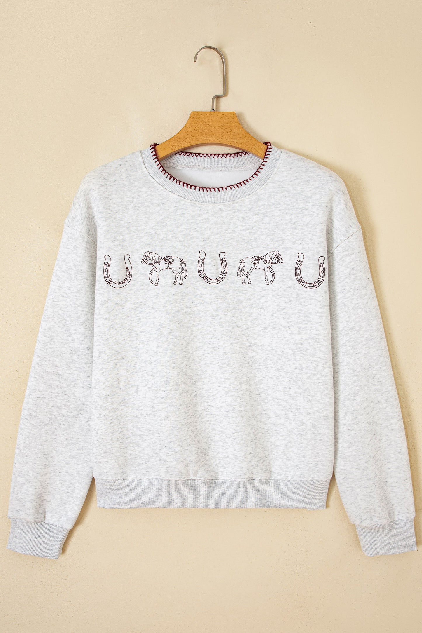 Light Grey Western Print Embroidered Casual Sweatshirt-Tops/Sweatshirts & Hoodies-[Adult]-[Female]-2022 Online Blue Zone Planet