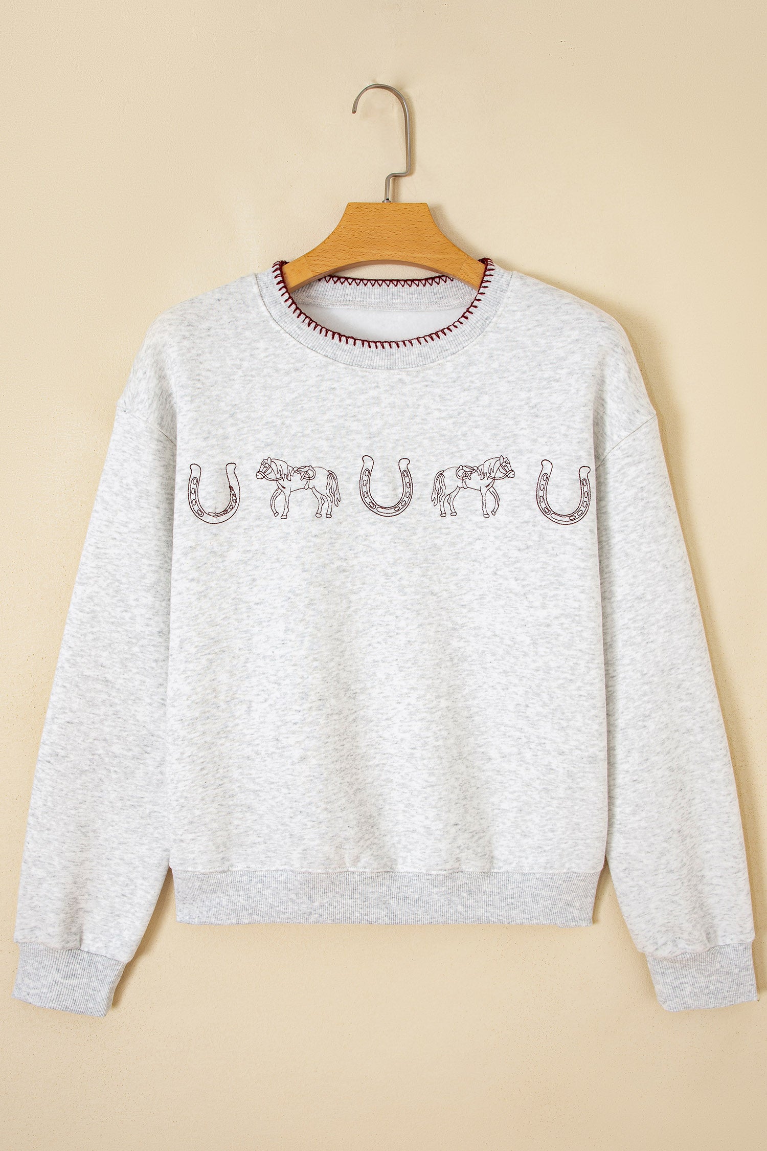 Light Grey Western Print Embroidered Casual Sweatshirt-Tops/Sweatshirts & Hoodies-[Adult]-[Female]-2022 Online Blue Zone Planet