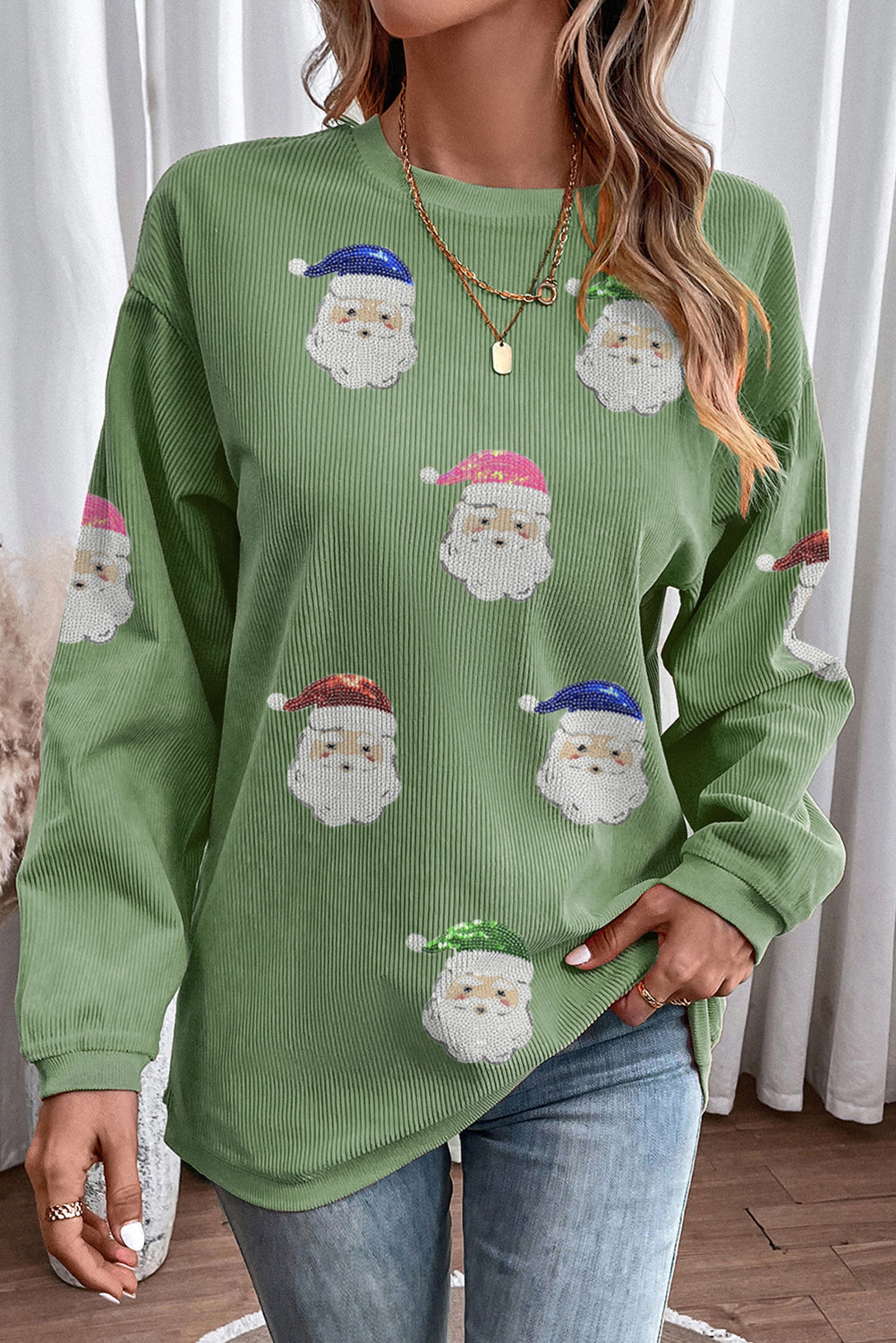 Grass Green Corded Ribbed Sequin Patched Santa Claus Graphic Sweatshirt-Graphic/Graphic Sweatshirts-[Adult]-[Female]-2022 Online Blue Zone Planet