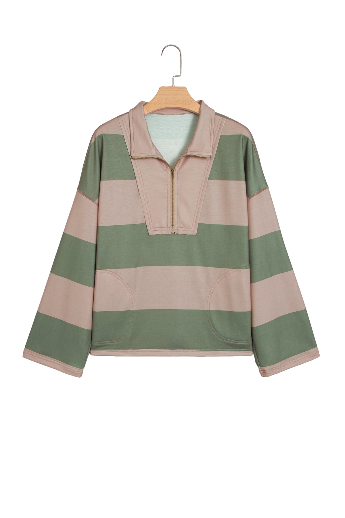 Green Striped Colorblock Zipper Pullover Long Sleeve Loose Top-Tops/Long Sleeve Tops-[Adult]-[Female]-2022 Online Blue Zone Planet