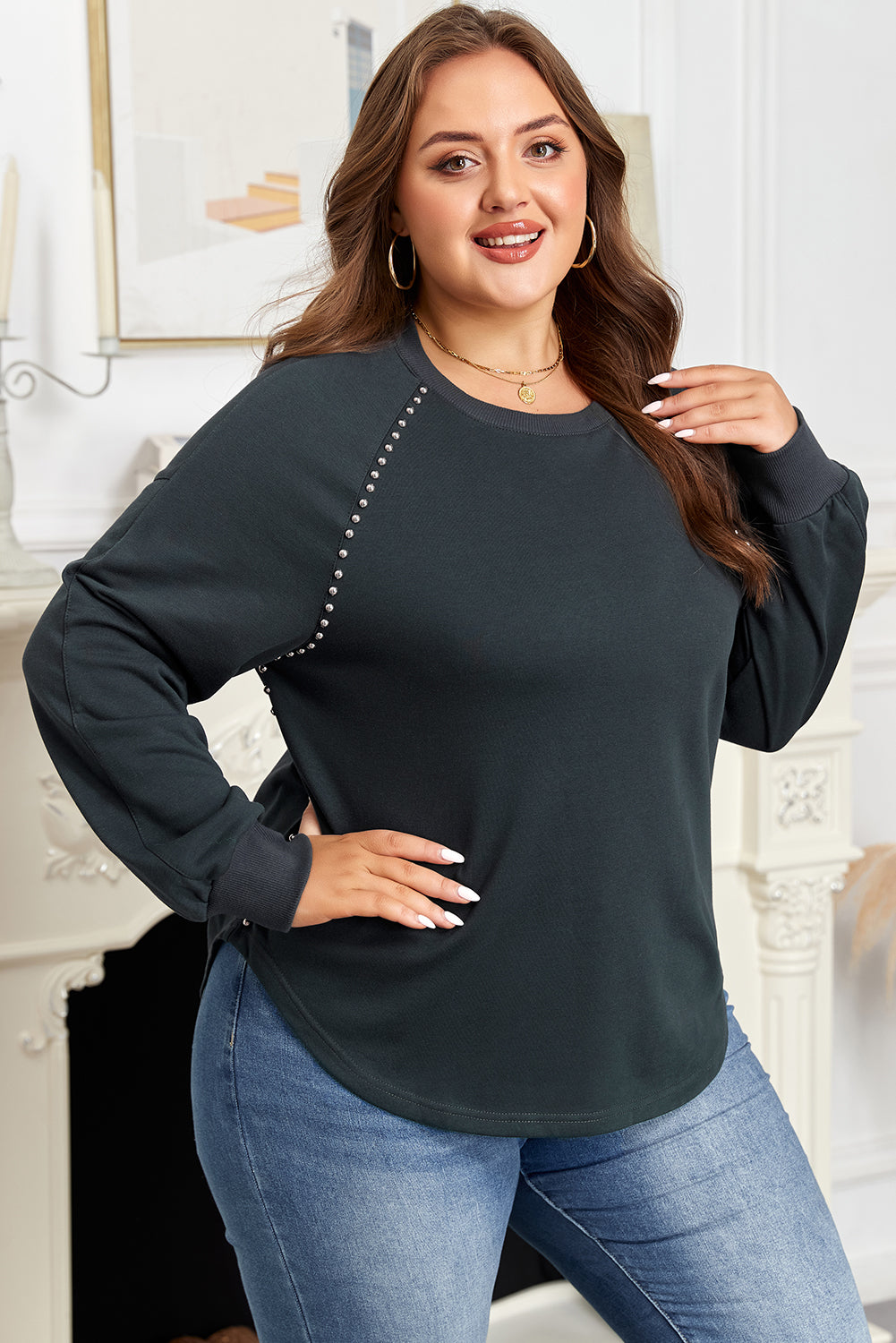 Black Studded Decor Ribbed Edge Mineral Wash Plus Size Jumper-Plus Size/Plus Size Tops/Plus Size Long Sleeve Tops-[Adult]-[Female]-2022 Online Blue Zone Planet