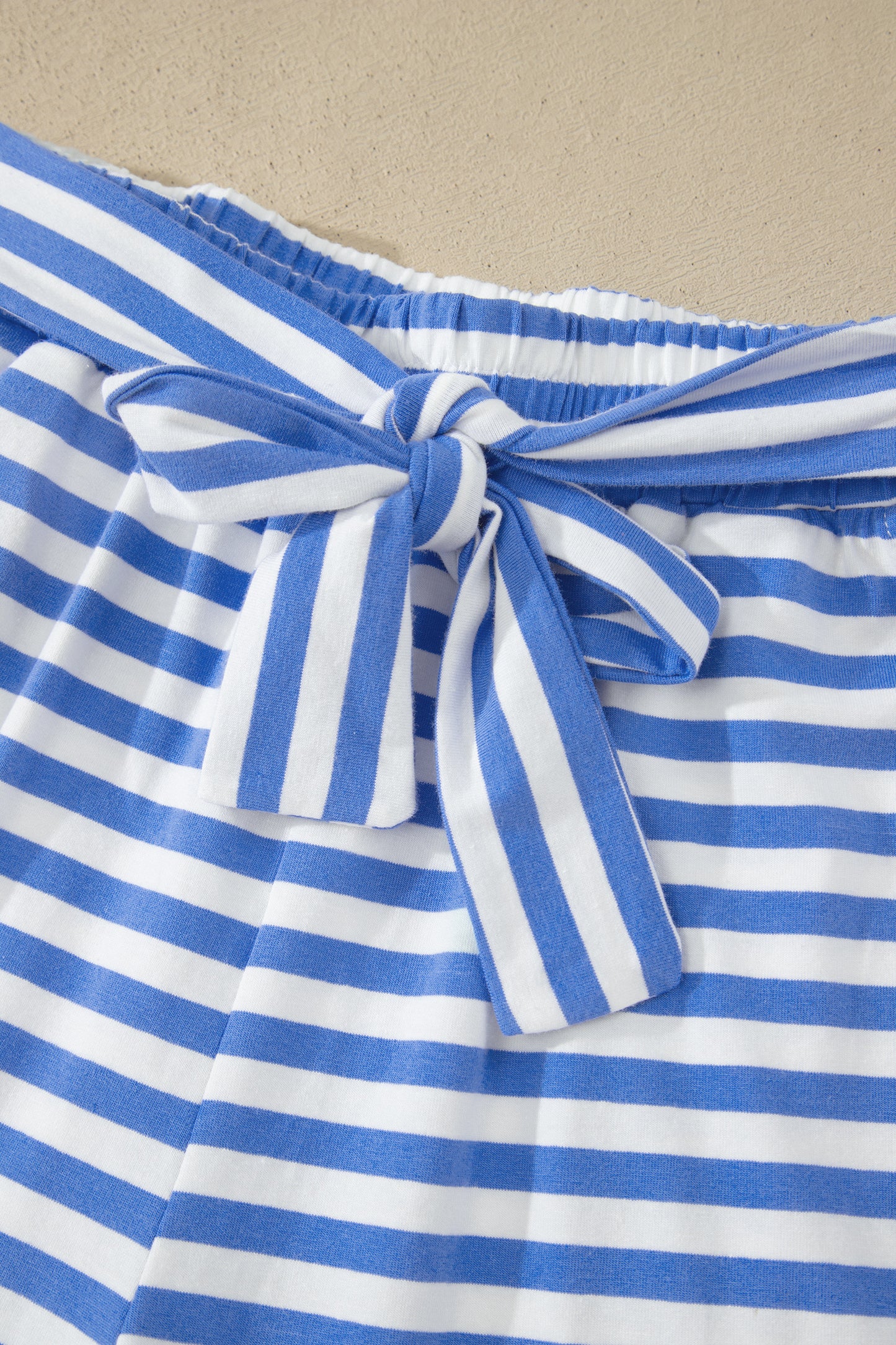 Sky Blue Stripe Contrast Trim Crew Neck Tee Knot Shorts 2pcs Set-Two Piece Sets/Short Sets-[Adult]-[Female]-2022 Online Blue Zone Planet