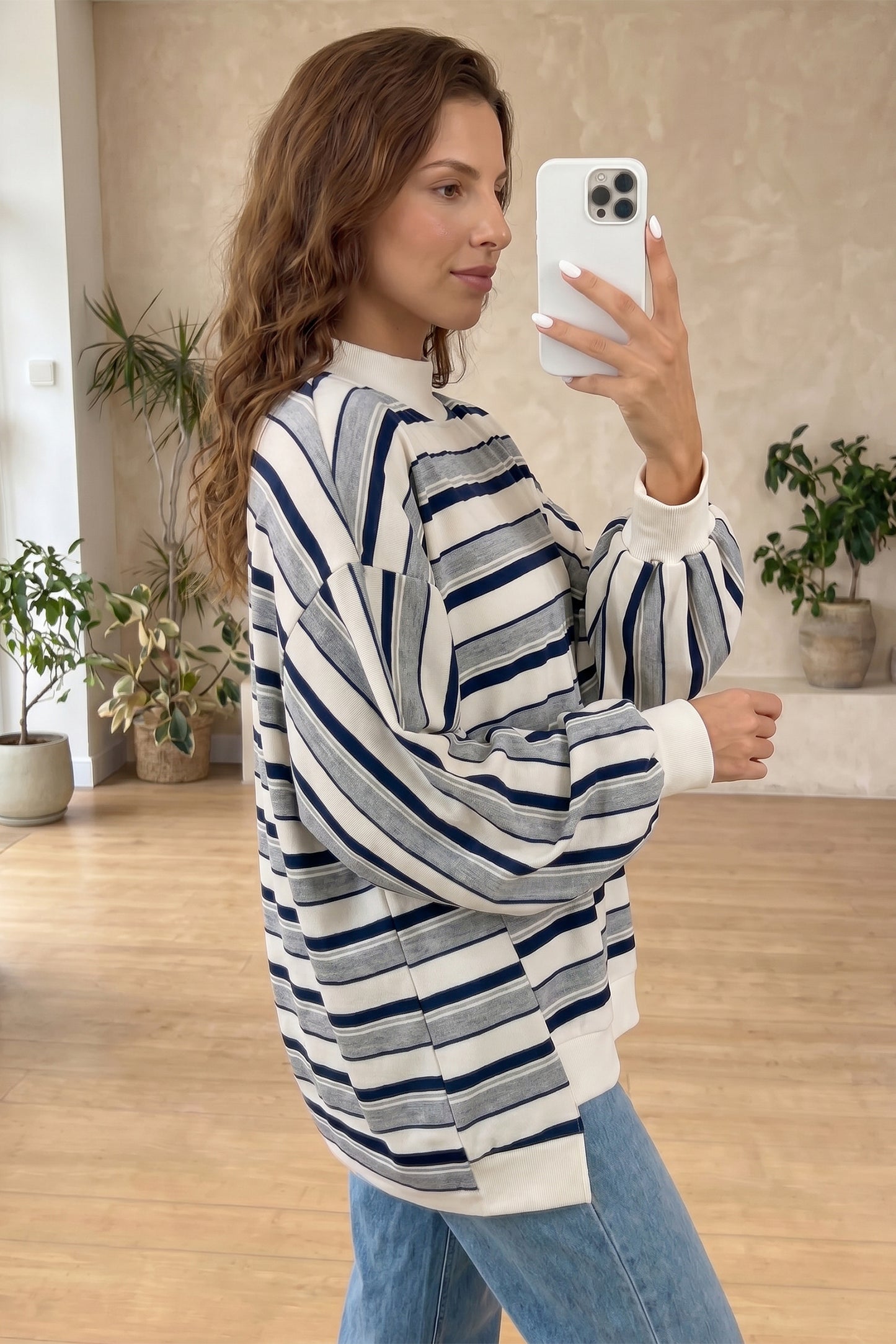 Blue Stripe Striped Ribbed Stand Neck Long Sleeve Shift Silhouette Sweatshirt-Tops/Sweatshirts & Hoodies-[Adult]-[Female]-2022 Online Blue Zone Planet