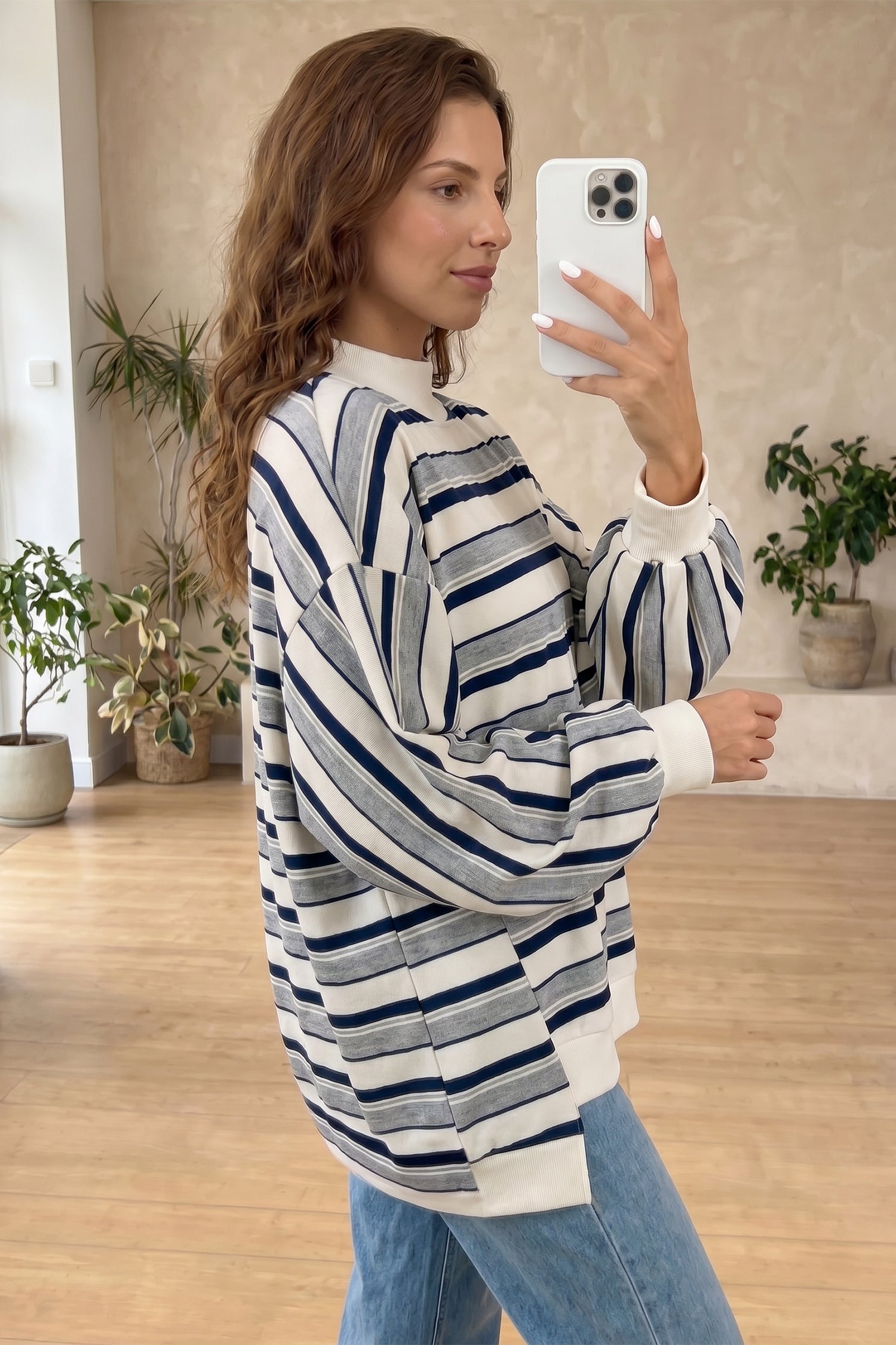 Blue Stripe Striped Ribbed Stand Neck Long Sleeve Shift Silhouette Sweatshirt-Tops/Sweatshirts & Hoodies-[Adult]-[Female]-2022 Online Blue Zone Planet