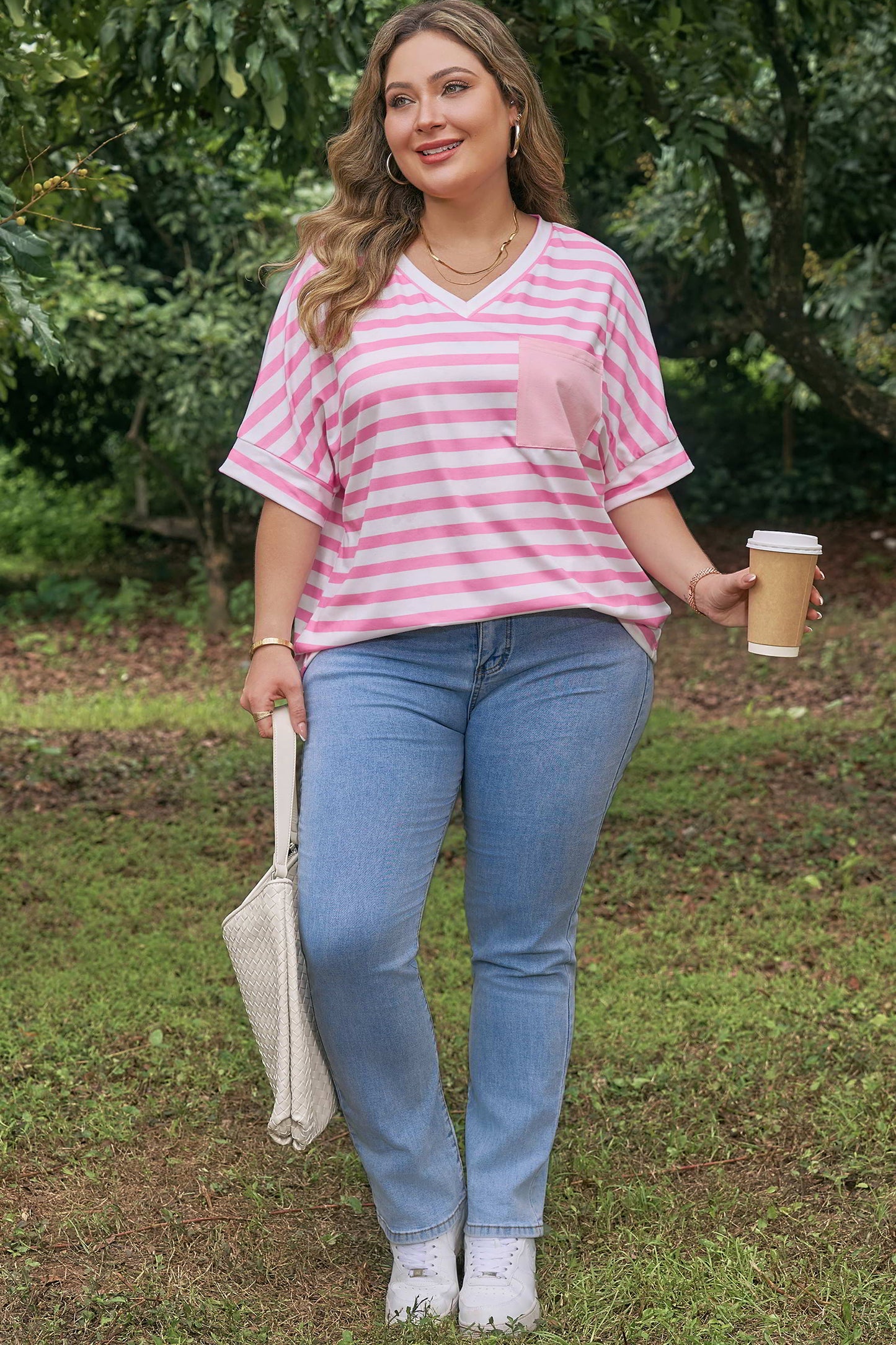 Pink Stripe Colorblock Patched Pocket V Neck Plus Size Tee-Plus Size/Plus Size Tops/Plus Size Tops & Tees-[Adult]-[Female]-2022 Online Blue Zone Planet
