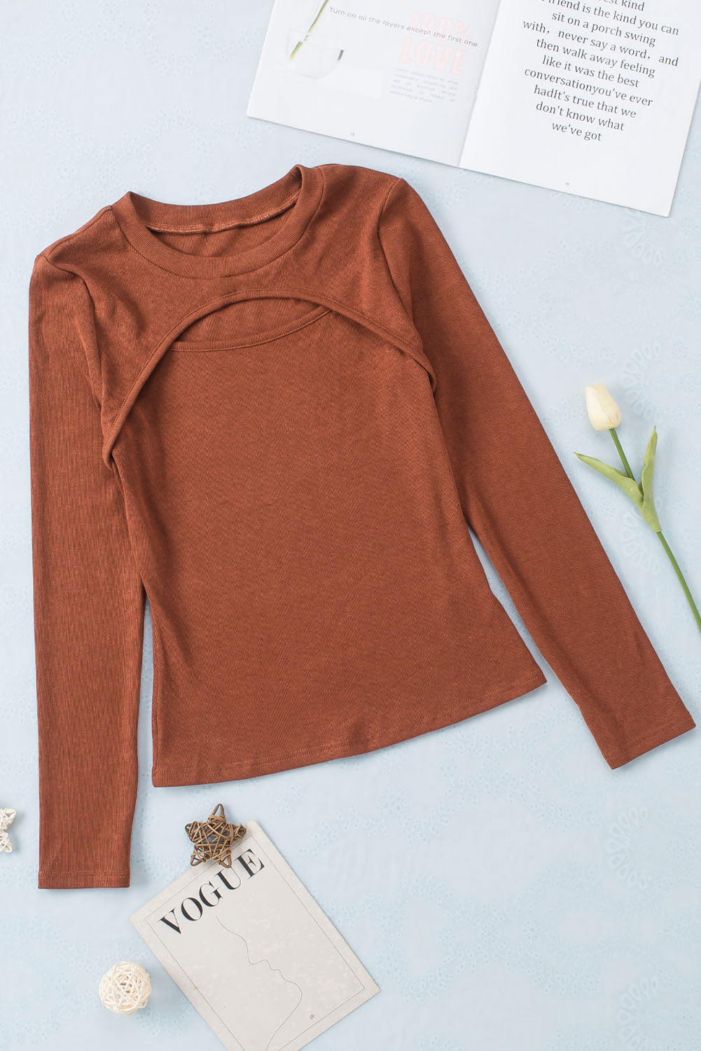 Brown Ribbed Peekaboo Cutout Long Sleeve Top-Tops/Long Sleeve Tops-[Adult]-[Female]-2022 Online Blue Zone Planet