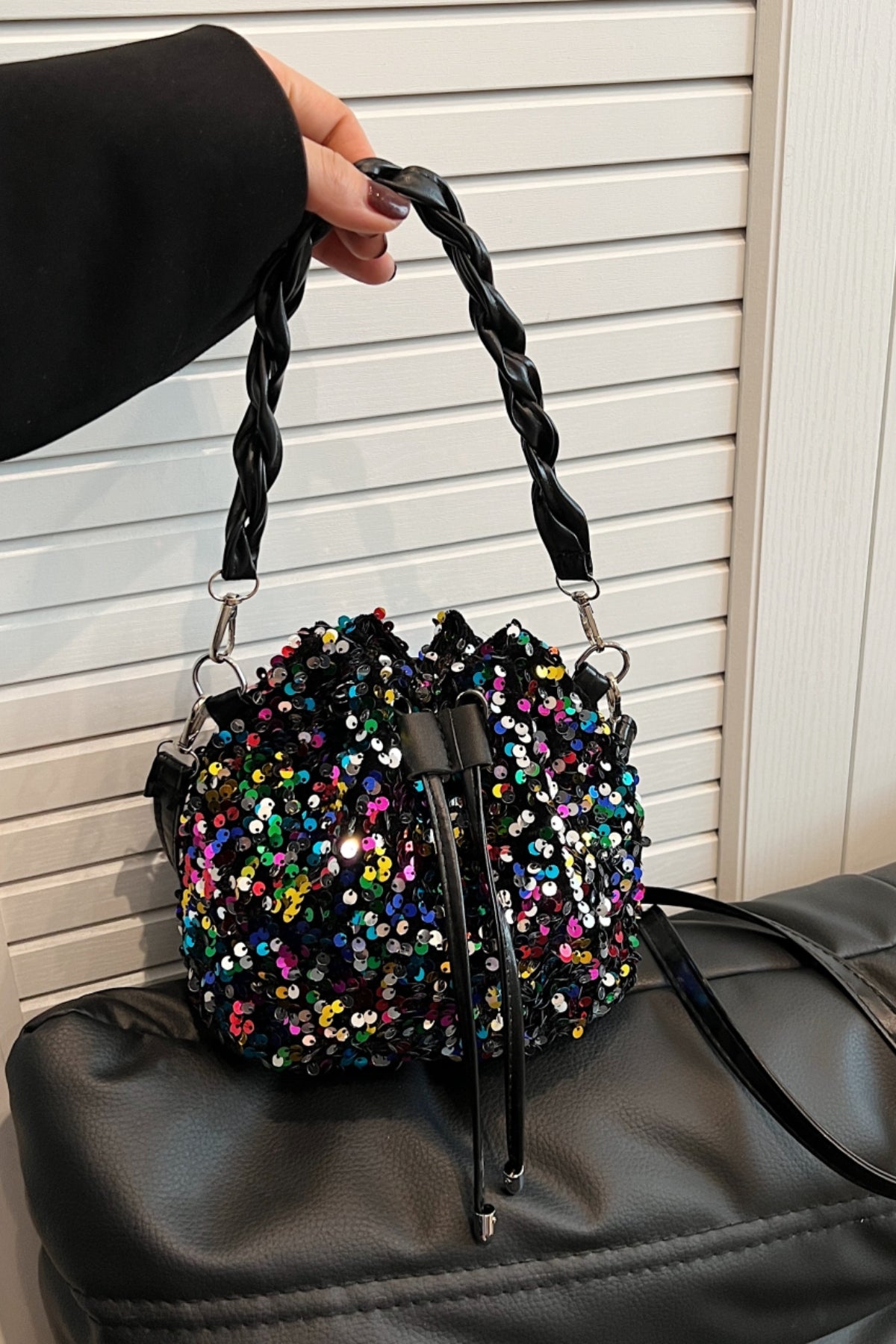 Sequin Drawstring Bucket Bag-HANDBAGS-[Adult]-[Female]-2022 Online Blue Zone Planet