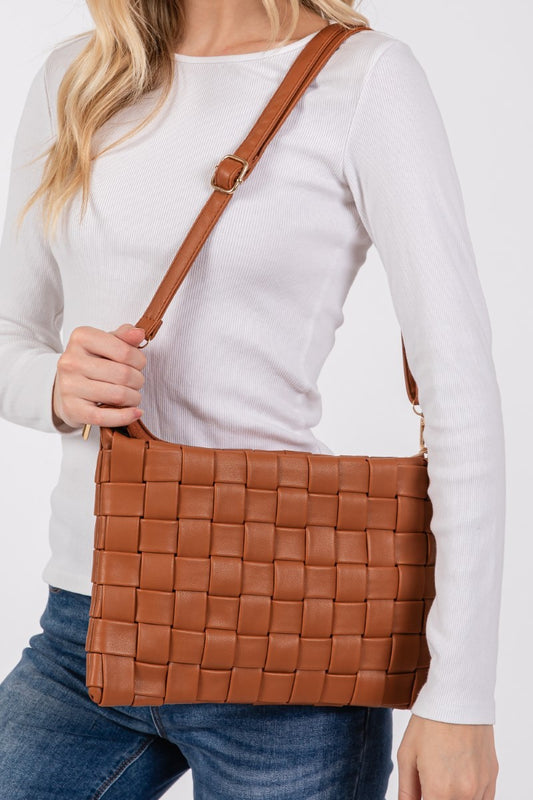 Fame Faux Leather Basket Weave Crossbody Bag-HANDBAGS-[Adult]-[Female]-Brown-One Size-2022 Online Blue Zone Planet