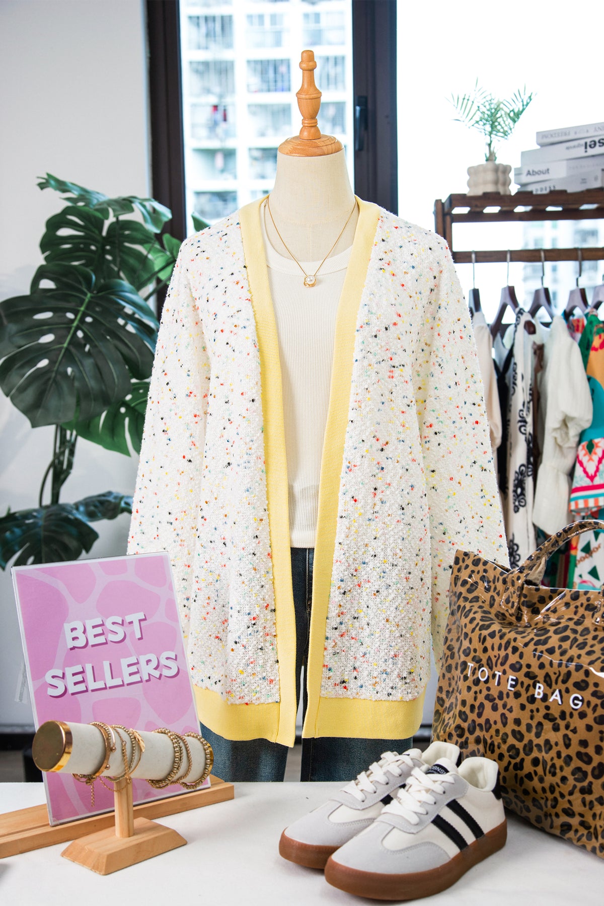 White Abstract Confetti Pattern Color Block Ribbed Cuffs Casual Cardigan-Sweaters & Cardigans/Cardigans-[Adult]-[Female]-2022 Online Blue Zone Planet