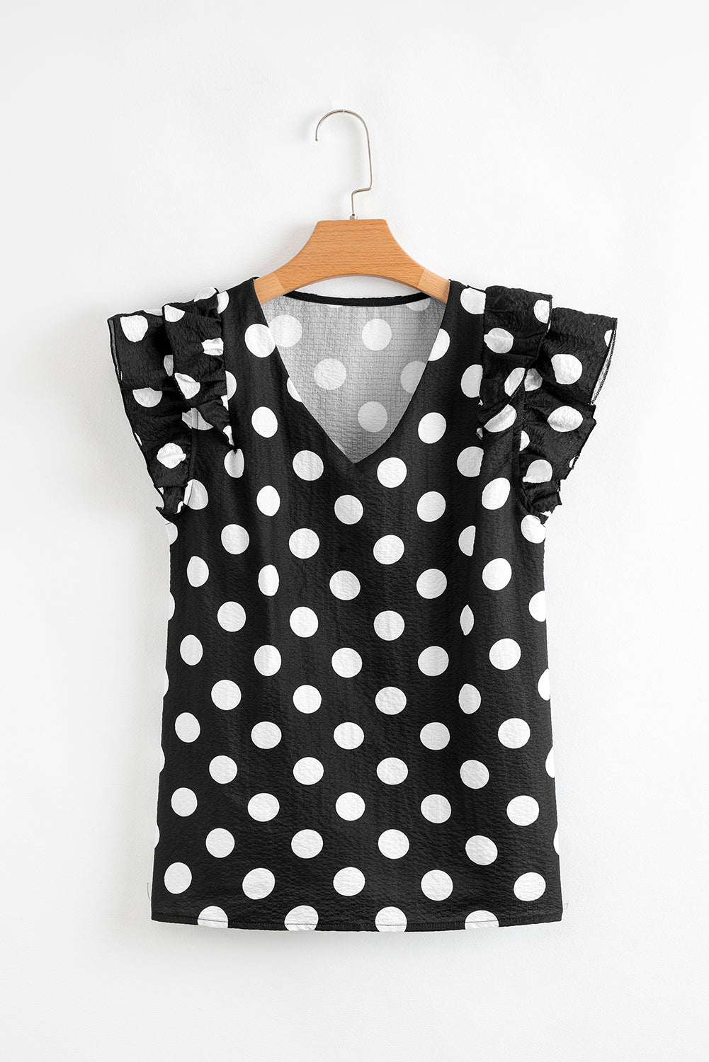 Black Polka Dot Print Ruffled Sleeve V Neck Blouse-Tops/Blouses & Shirts-[Adult]-[Female]-2022 Online Blue Zone Planet