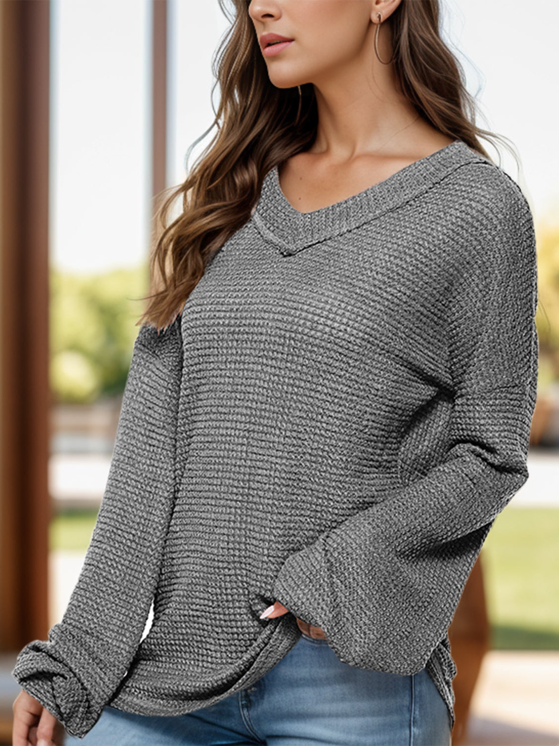 Dropped Shoulder Long Sleeve Knit Top-[Adult]-[Female]-Dark Gray-S-2022 Online Blue Zone Planet