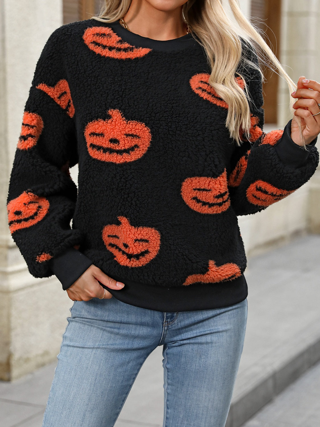 Fuzzy Pumpkin Round Neck Dropped Shoulder Sweater-TOPS / DRESSES-[Adult]-[Female]-Orange-S-2022 Online Blue Zone Planet