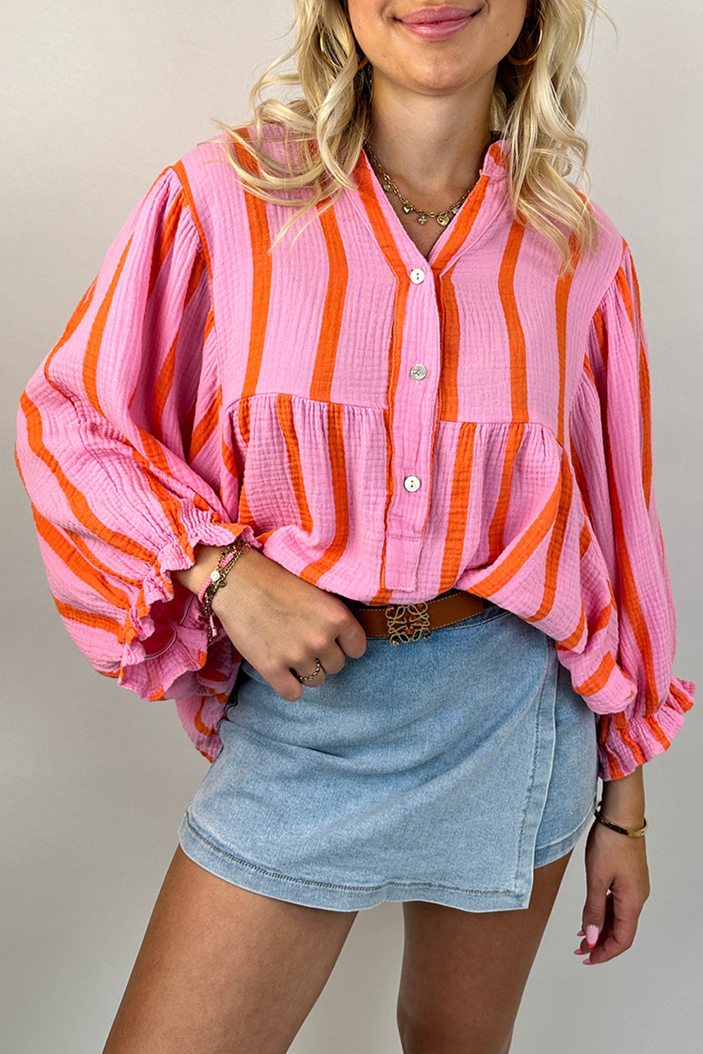 Sky Blue Stripe Crinckled Ruffled Sleeve Button up Loose Shirt-Tops/Blouses & Shirts-[Adult]-[Female]-Orange Stripe-S-2022 Online Blue Zone Planet