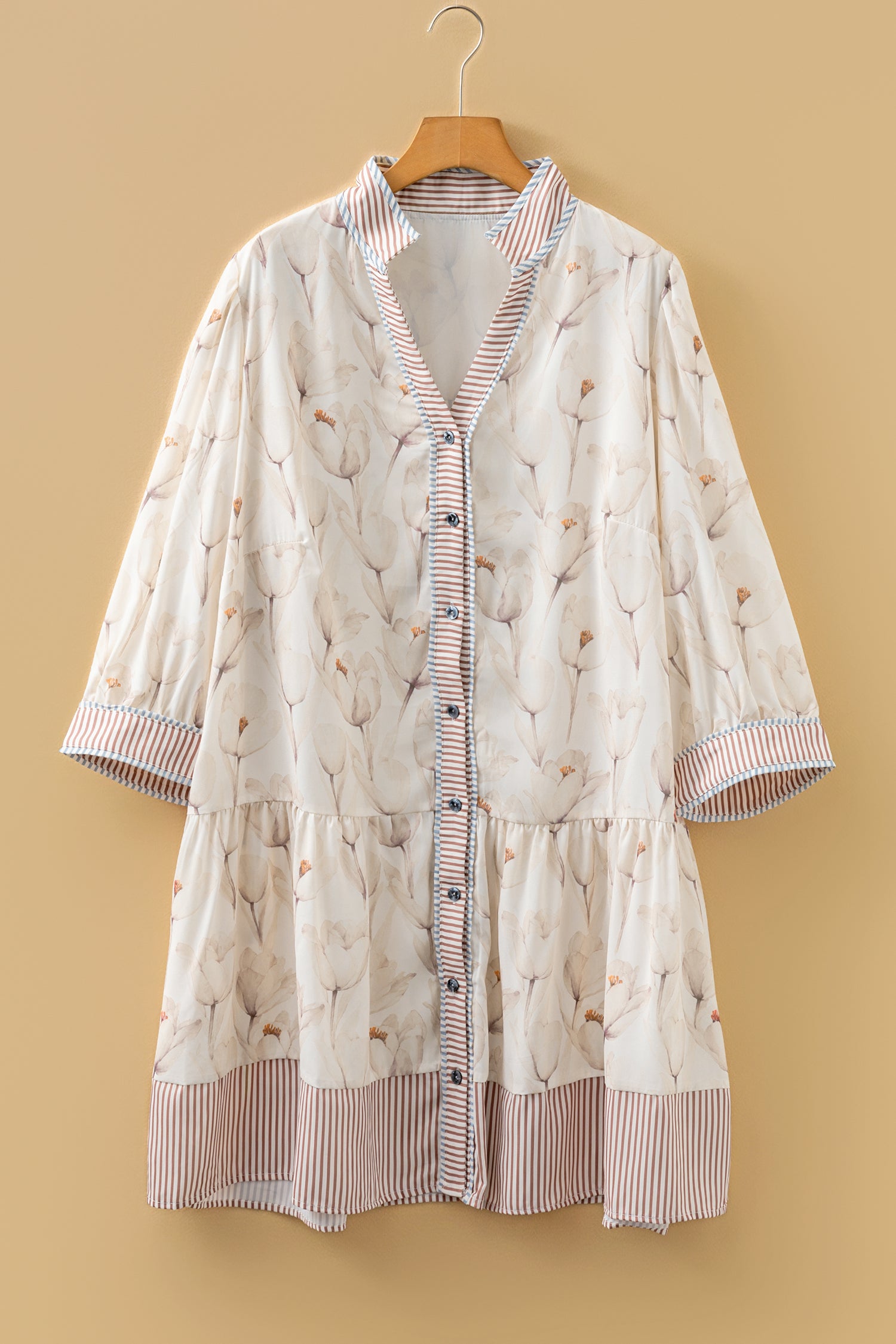 Khaki Plus Size Floral Print Striped Trim Patchwork Button Down A-line Dress-TOPS / DRESSES-[Adult]-[Female]-2022 Online Blue Zone Planet