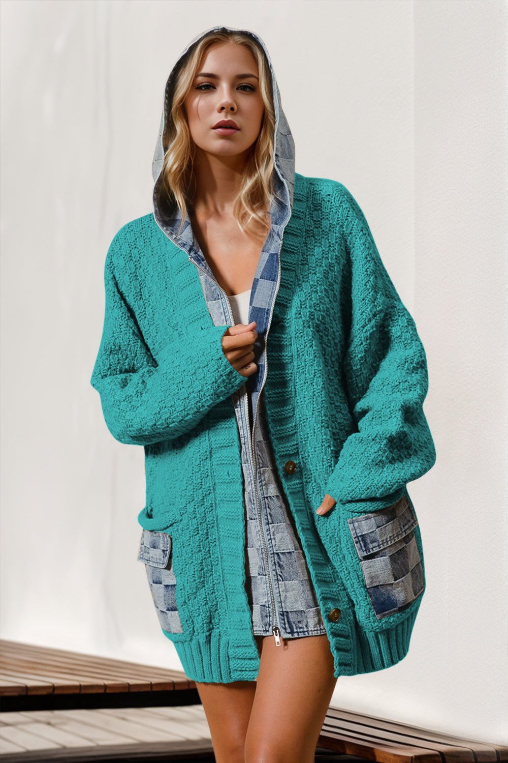 Double Take Full Size Hooded Denim Spliced Sweater Cardigan-TOPS / DRESSES-[Adult]-[Female]-Teal-S/M-2022 Online Blue Zone Planet