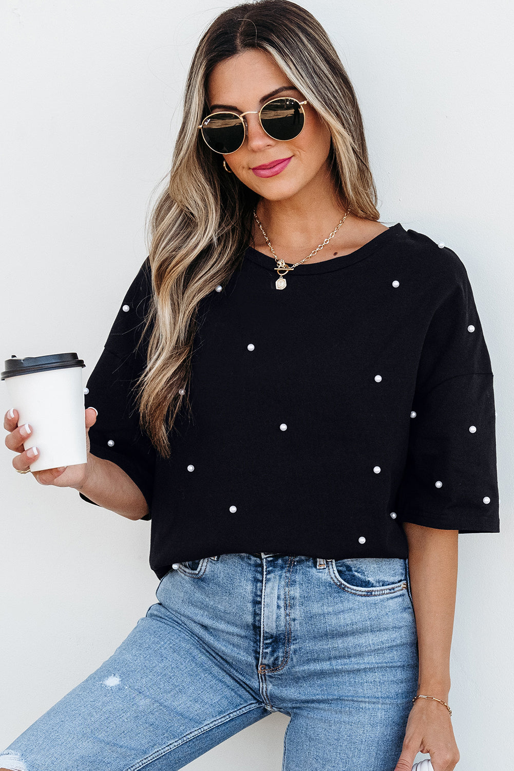 Black Pearl Beaded Drop Shoulder Crewneck T Shirt-Tops/Tops & Tees-[Adult]-[Female]-2022 Online Blue Zone Planet