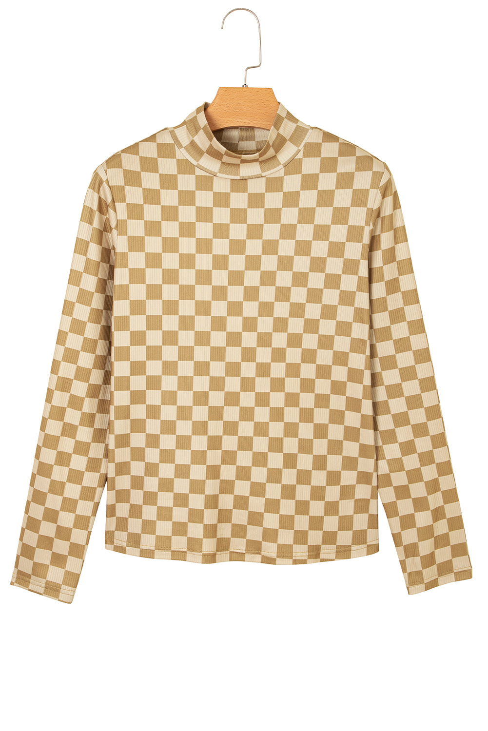 Khaki Check Pattern Turtleneck Ribbed Slim Long Sleeve Tee-Tops/Long Sleeve Tops-[Adult]-[Female]-2022 Online Blue Zone Planet