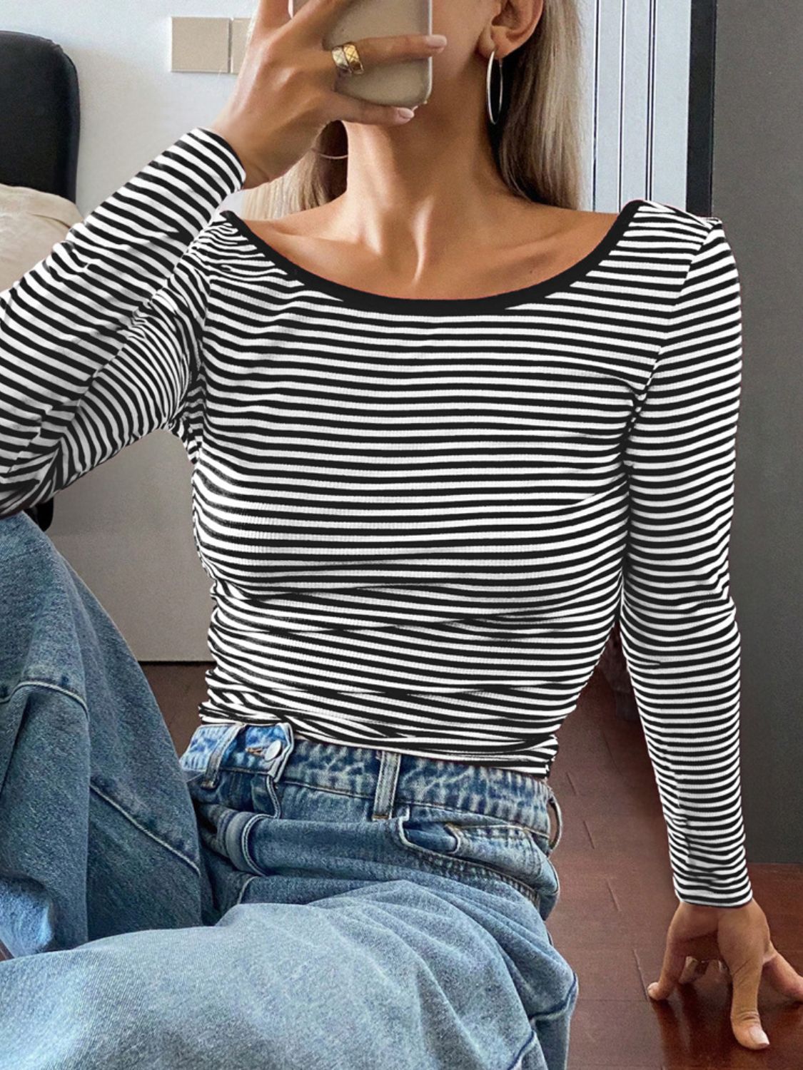 Devine Backless Striped Boat Neck Long Sleeve T-Shirt-TOPS / DRESSES-[Adult]-[Female]-Black-S-2022 Online Blue Zone Planet