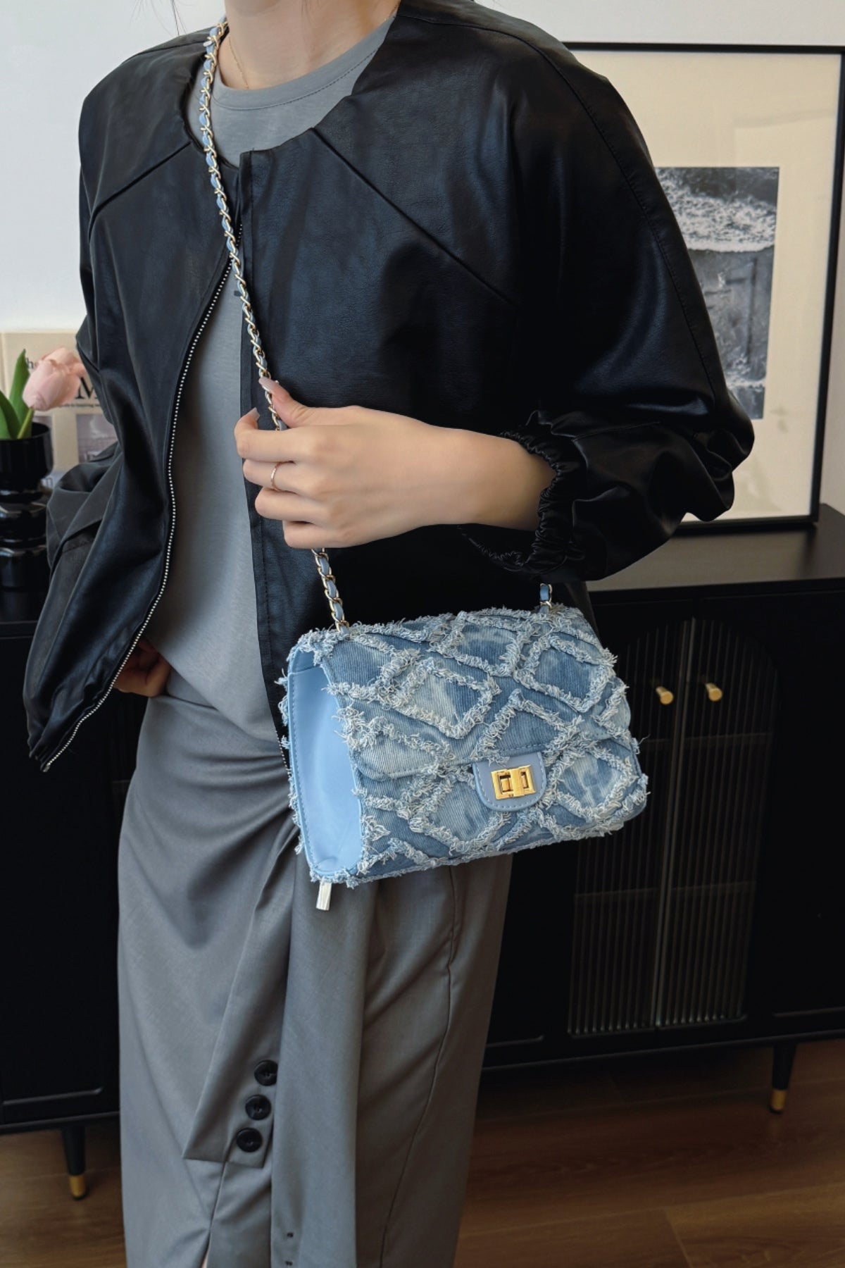 Raw Hem Denim Crossbody Bag-HANDBAGS-[Adult]-[Female]-2022 Online Blue Zone Planet