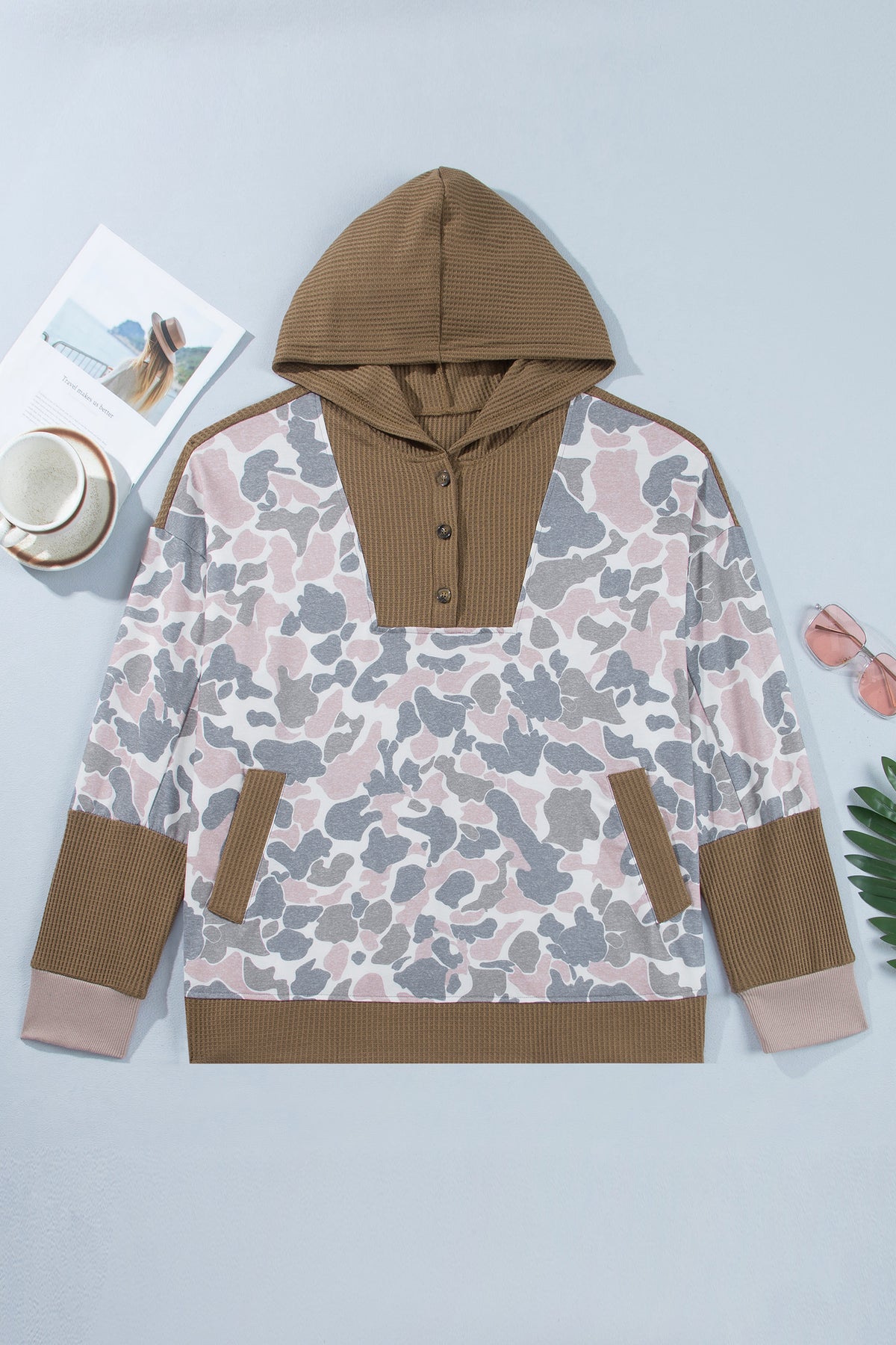 Khaki Camouflage Print Waffle Knit Patchwork Half Zip Plus Size Hoodie