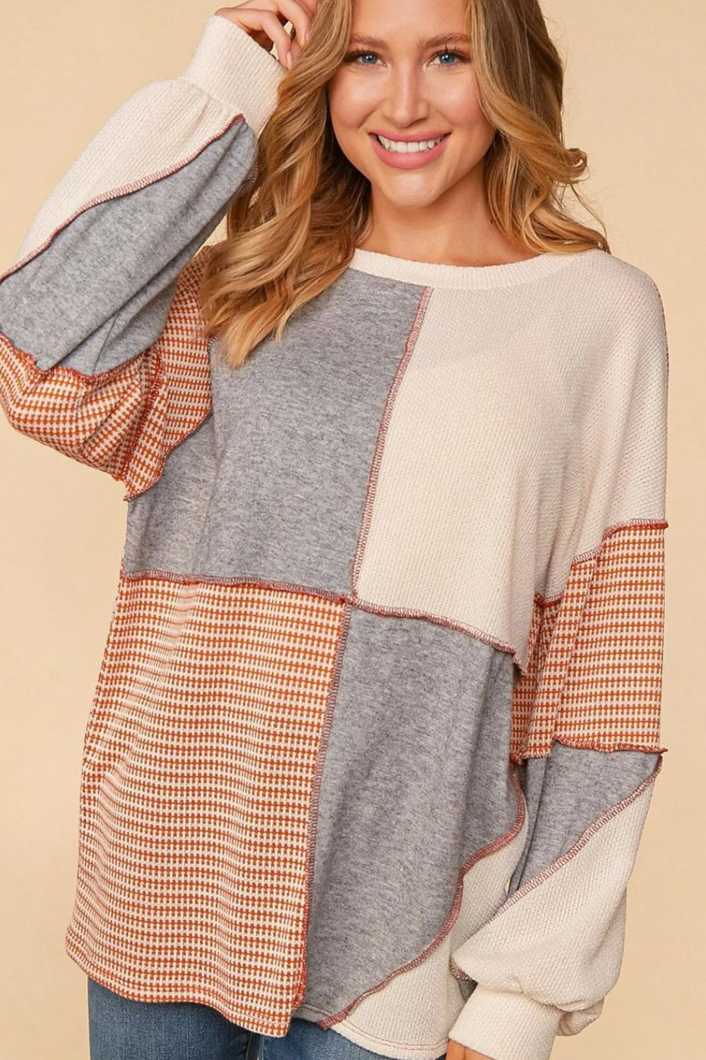 Exposed Seam Color Block Round Neck Top-TOPS / DRESSES-[Adult]-[Female]-2022 Online Blue Zone Planet