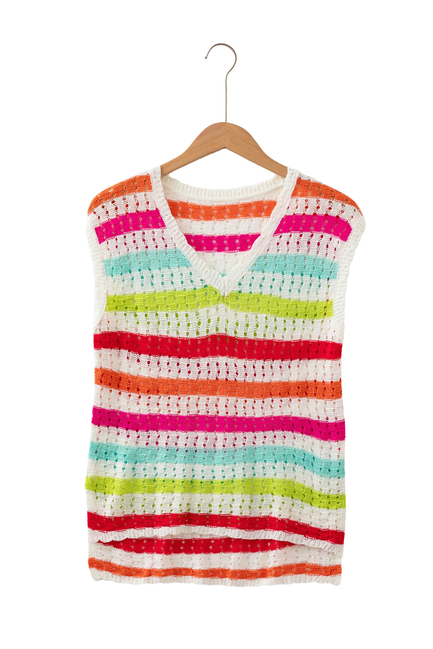 Multicolour Striped Eyelet Knit V Neck Sweater Tee-TOPS / DRESSES-[Adult]-[Female]-2022 Online Blue Zone Planet