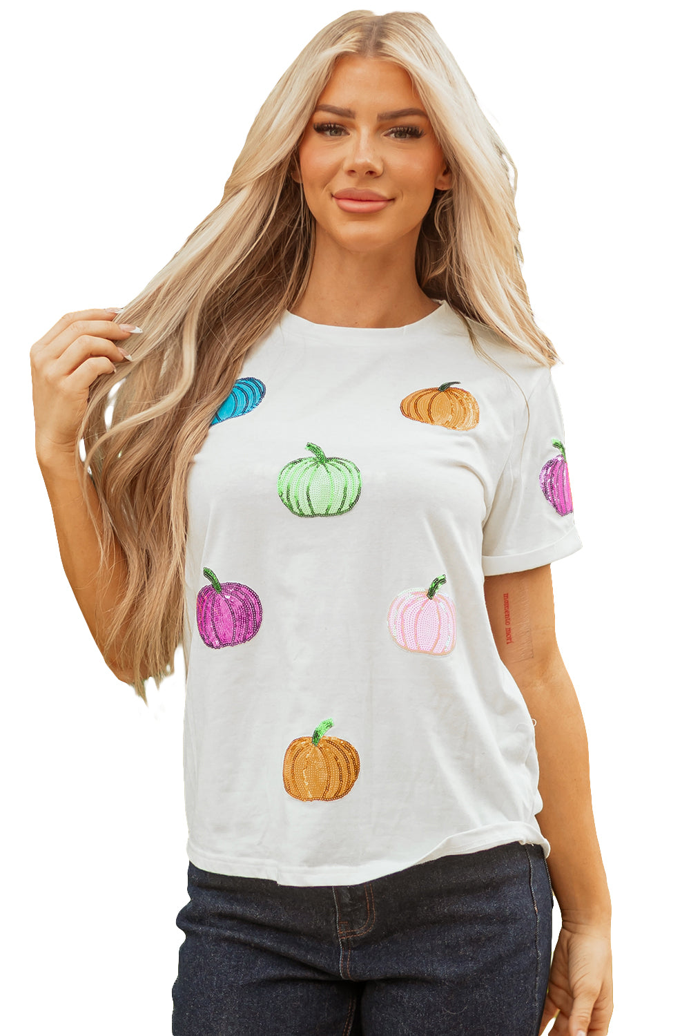 White Sequin Pumpkin Patched Cotton Blend T Shirt-Graphic/Graphic Tees-[Adult]-[Female]-2022 Online Blue Zone Planet